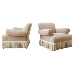 Pair of Rolled Arm Club or Armchairs with Bullion Fringe