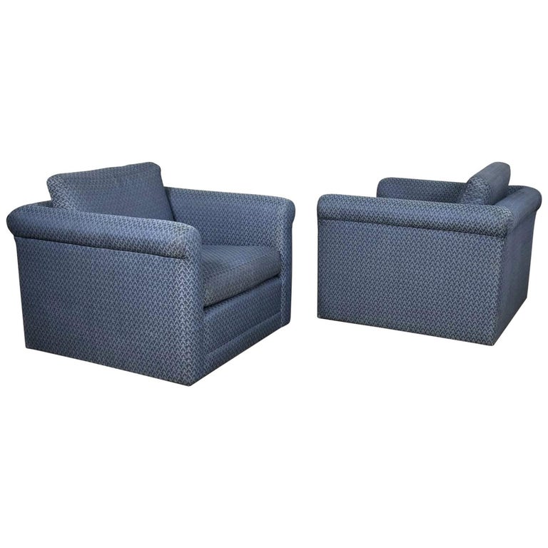 Pair Of Rolled Arm Tuxedo Style Cube Club Chairs Art Deco Hollywood Regency For Sale At 1stdibs