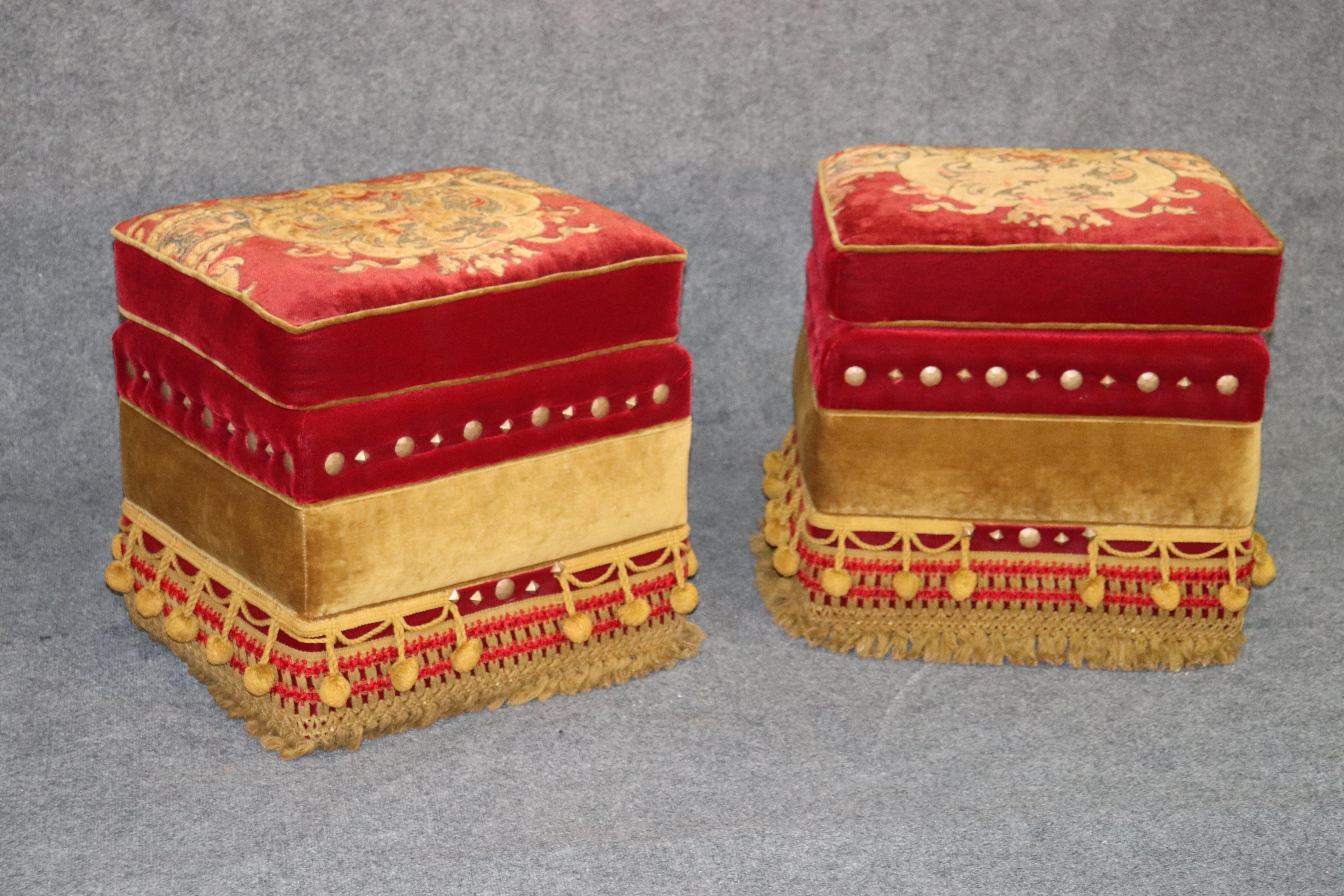 These beautiful rolling stools can be used in a myriad of places in your home. The stools and their upholstery are beautifully done and embroidered and would have costa small fortune when made. They are in good condition and feature much desired