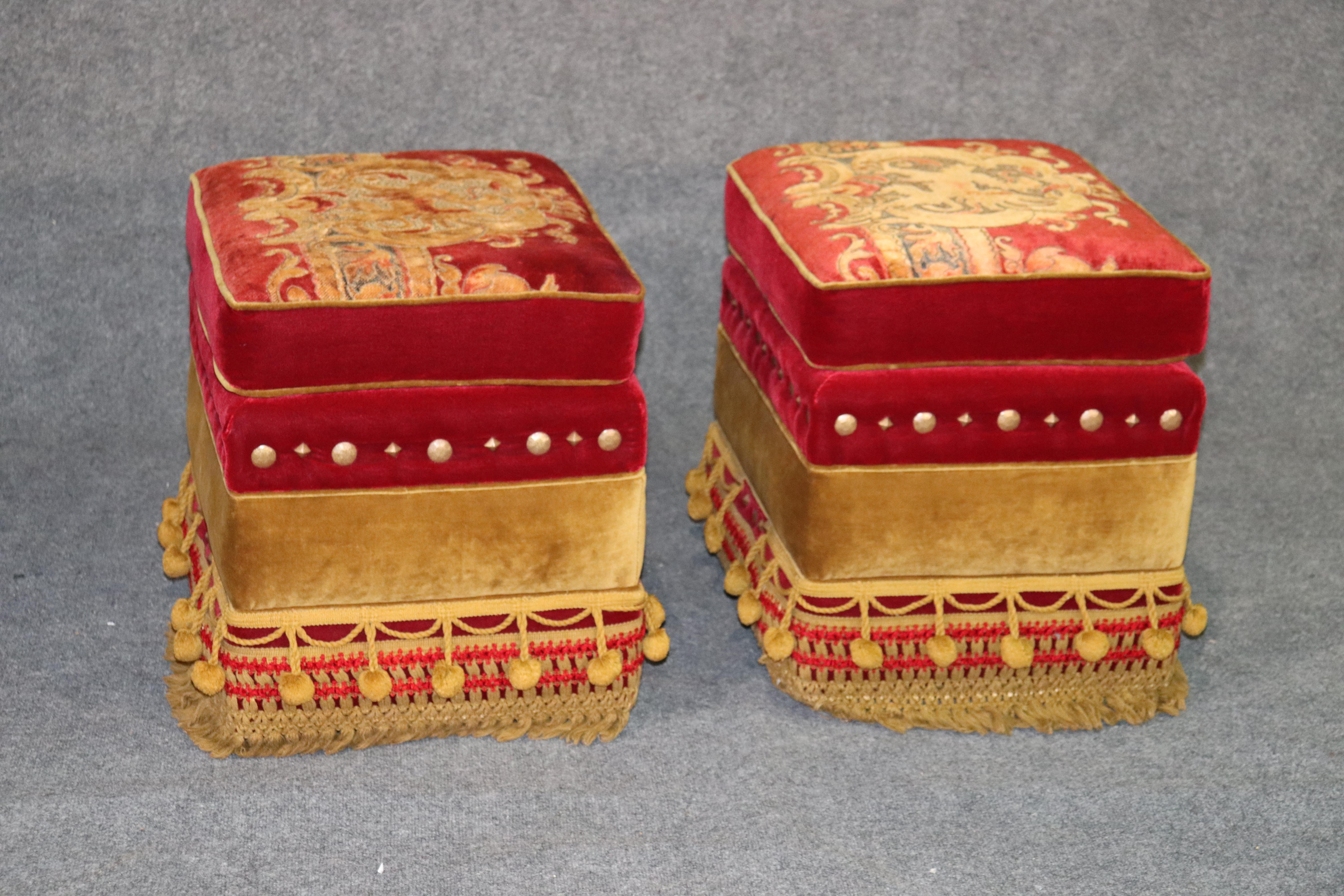 American Pair of Rolling Embroidered Tassled Hollywood Regency Squarish Ottomans Stools