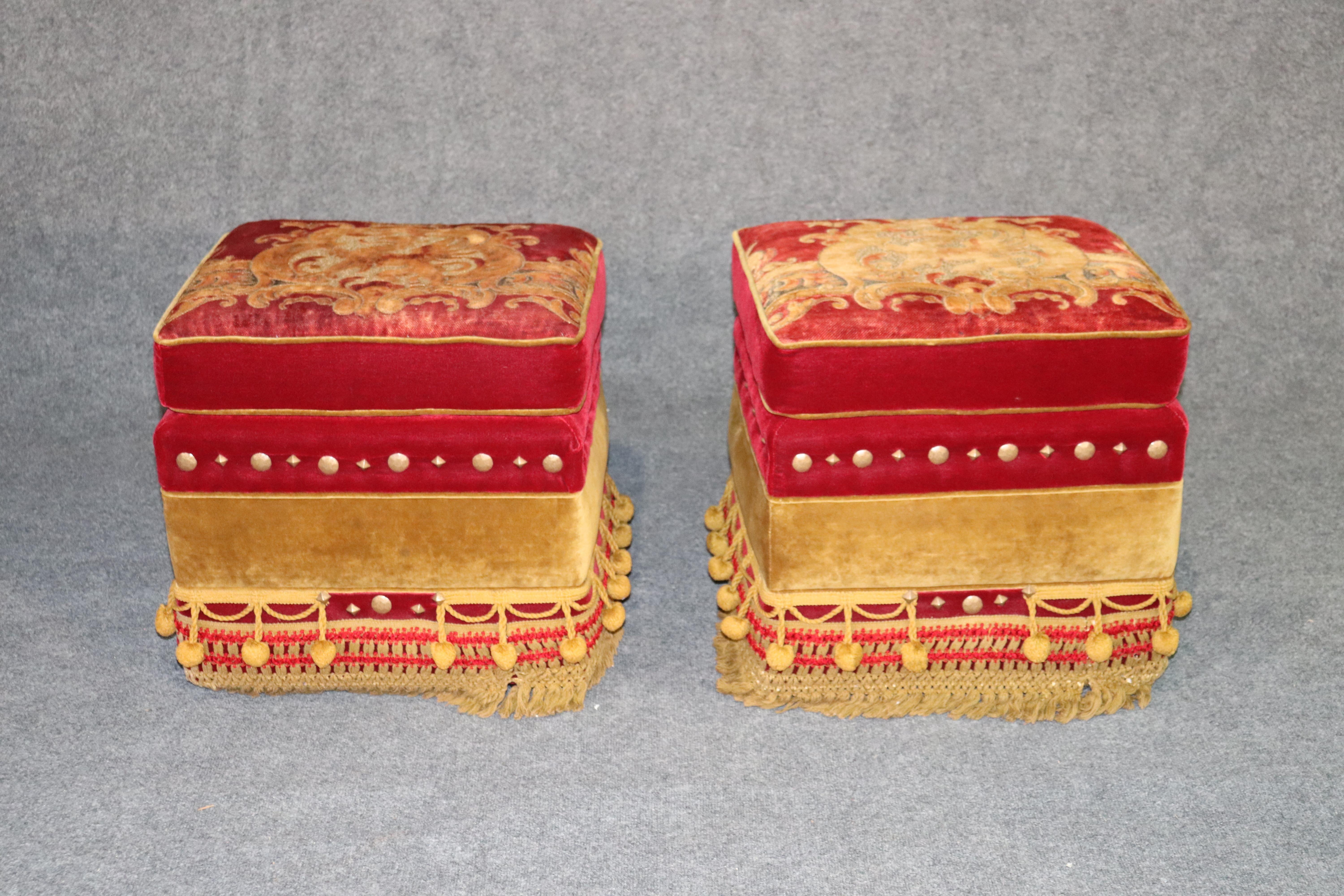 Pair of Rolling Embroidered Tassled Hollywood Regency Squarish Ottomans Stools In Good Condition In Swedesboro, NJ