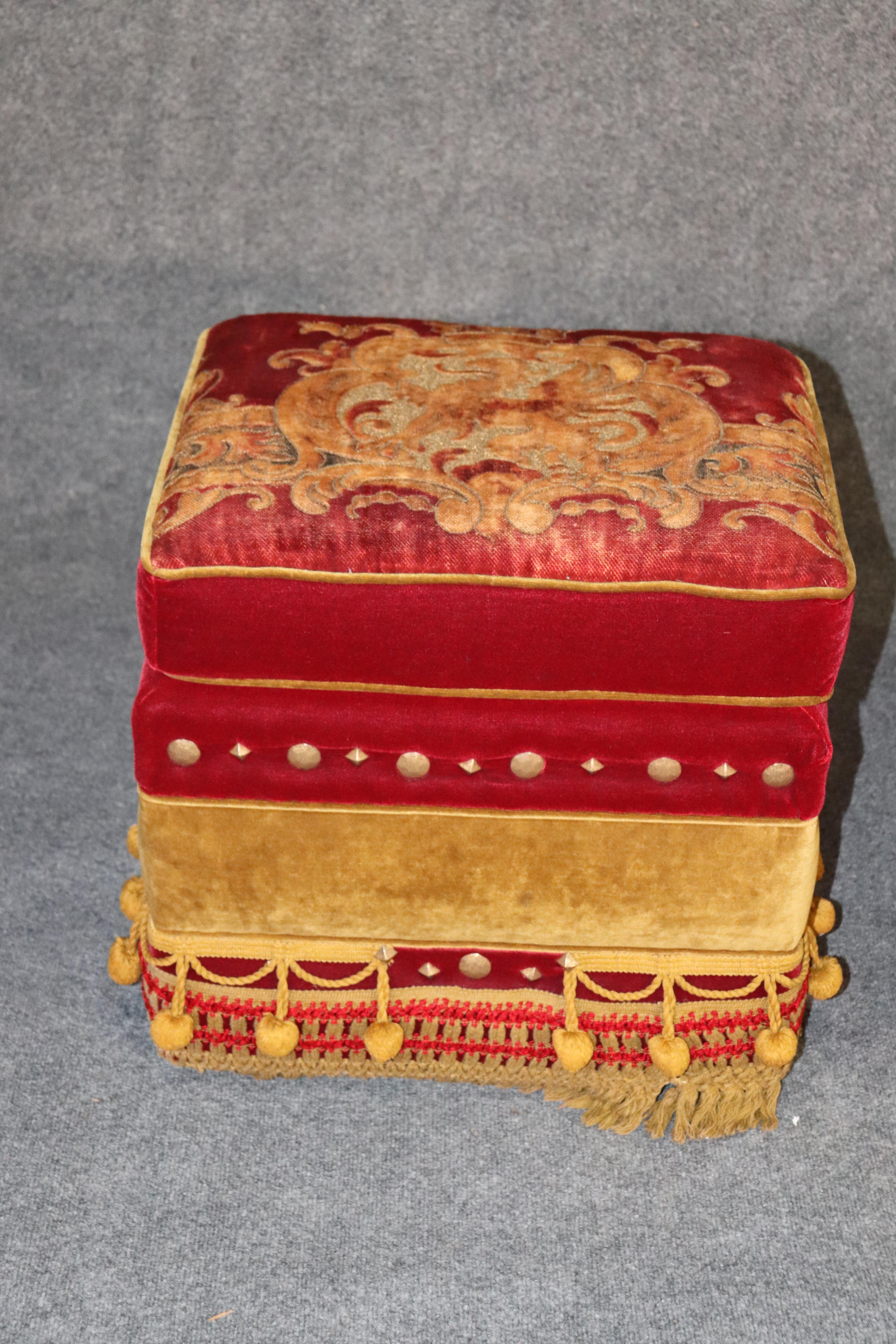 Mid-20th Century Pair of Rolling Embroidered Tassled Hollywood Regency Squarish Ottomans Stools
