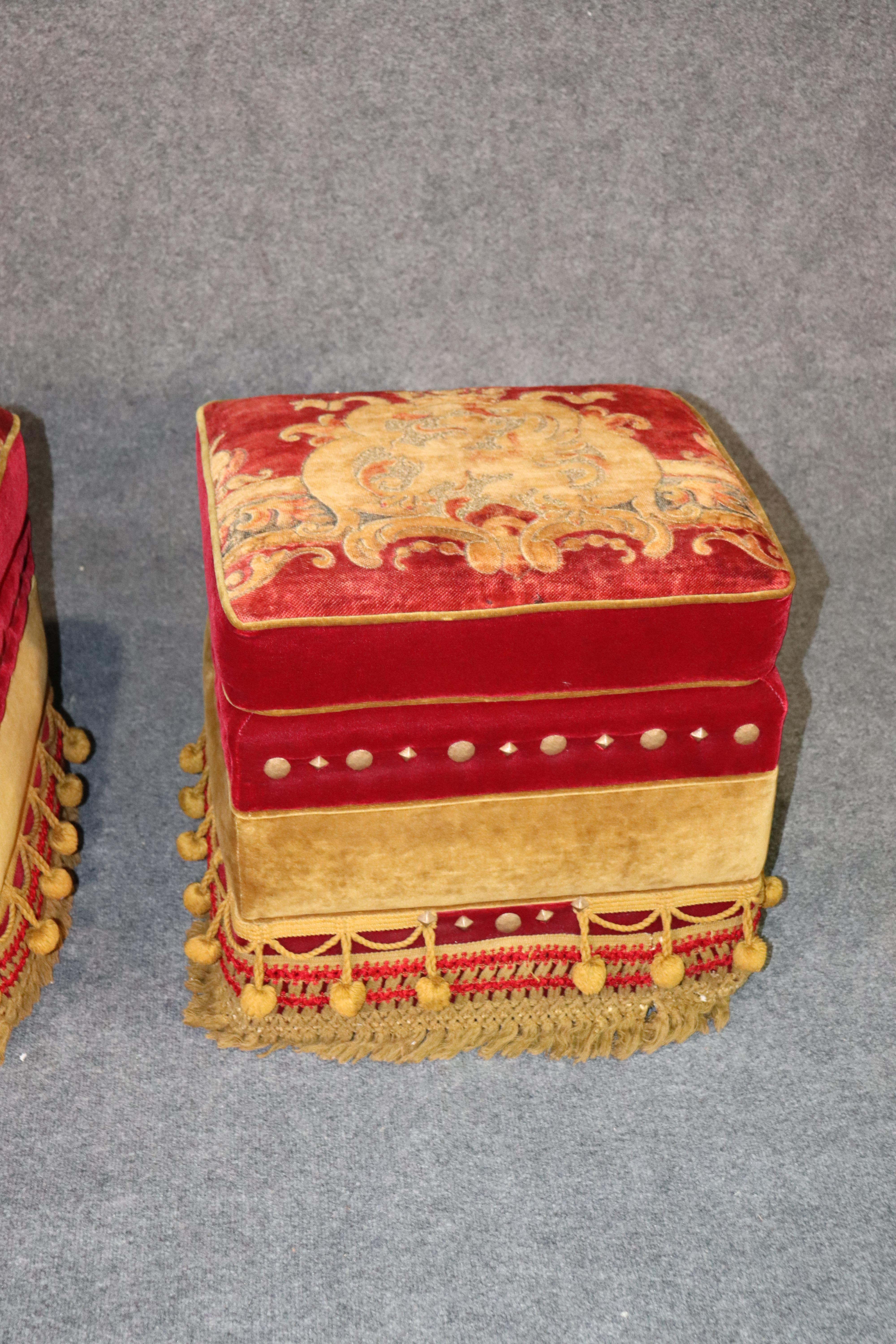 Upholstery Pair of Rolling Embroidered Tassled Hollywood Regency Squarish Ottomans Stools