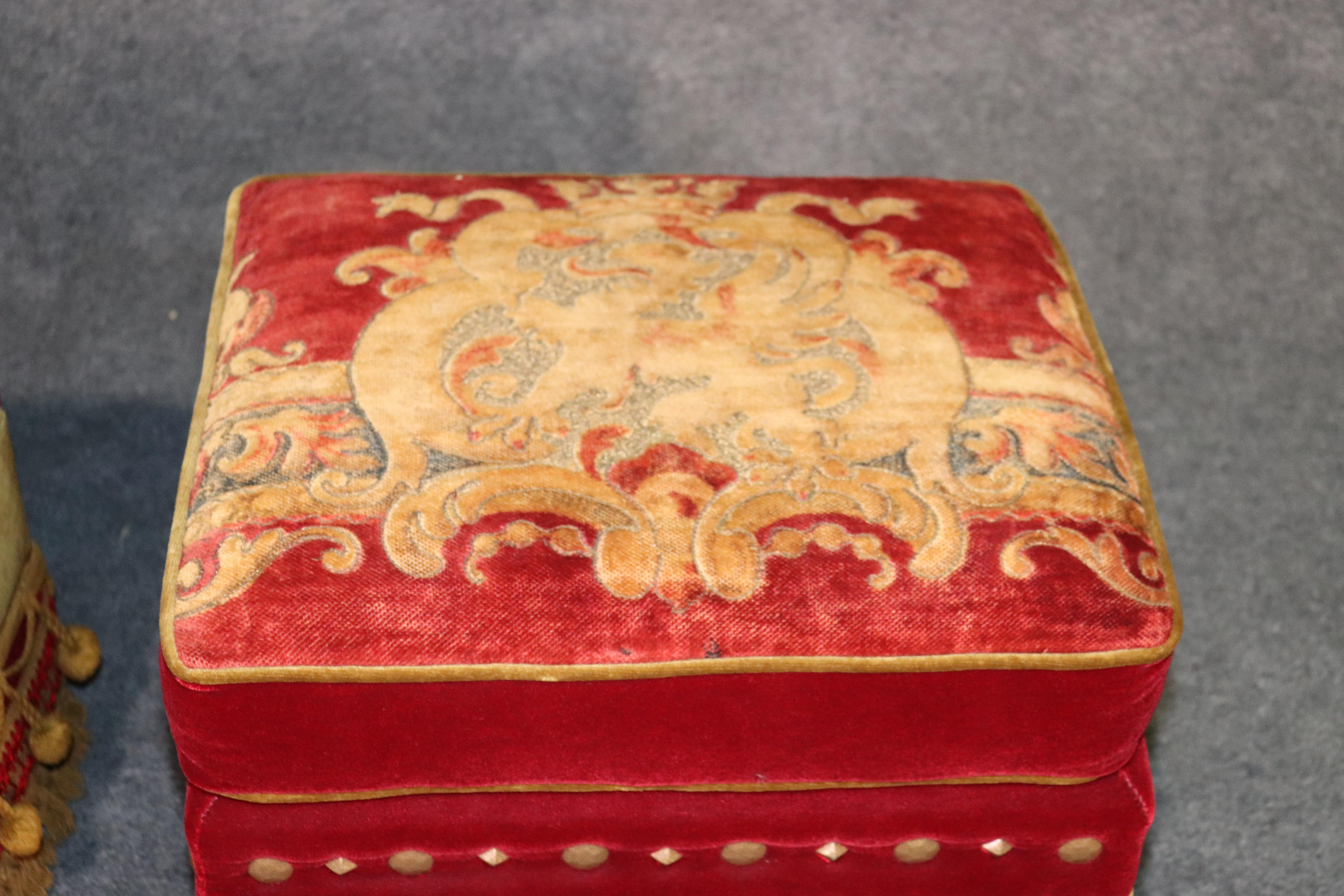 Pair of Rolling Embroidered Tassled Hollywood Regency Squarish Ottomans Stools 2