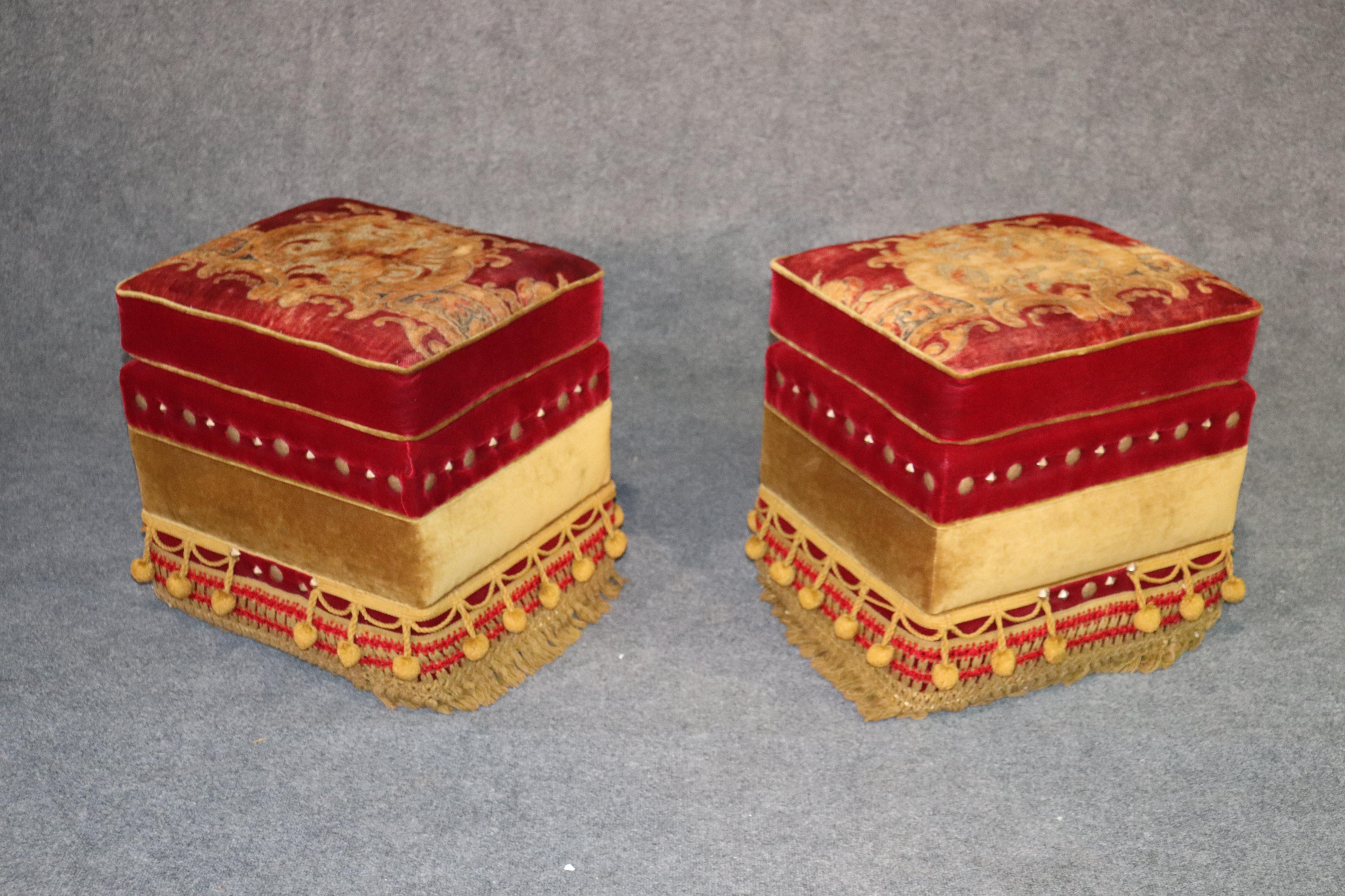 Pair of Rolling Embroidered Tassled Hollywood Regency Squarish Ottomans Stools 3