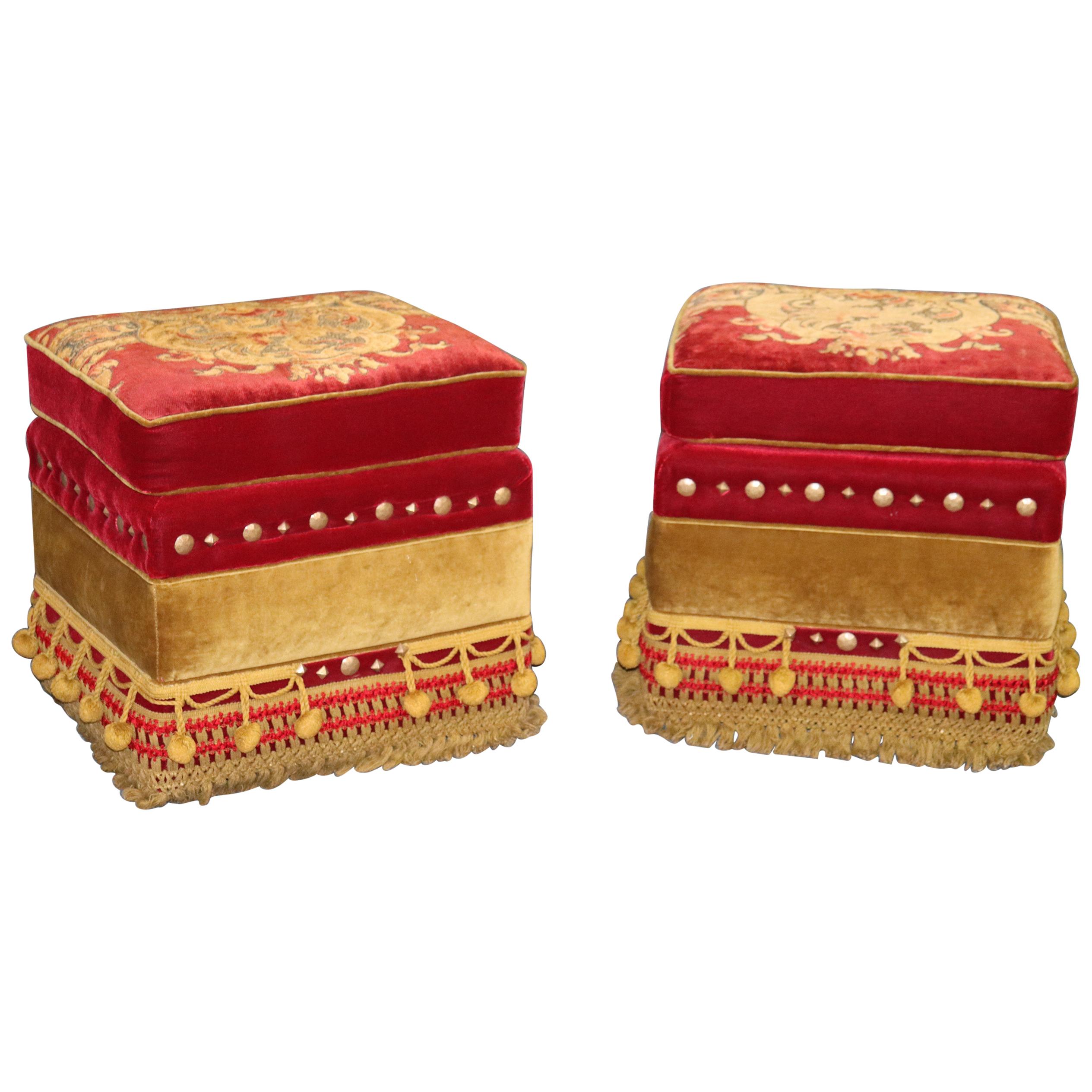 Pair of Rolling Embroidered Tassled Hollywood Regency Squarish Ottomans Stools