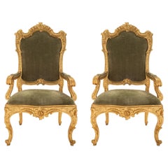 Antique Pair of Roman 18th Century Louis XV Period Giltwood Throne Armchairs