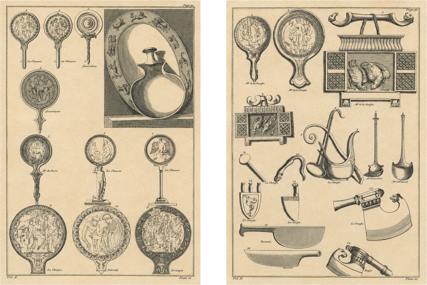 Coppia di incisioni di antichità romane e oggetti classici in bronzo, 1721