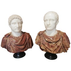 Pair of Roman Emperor Busts, Marble Italian Sculptor 19th Century Caesar Hadrian