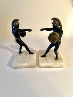 Pair of Roman Gladiators Bookends with Helmets and Shields on Marble Base