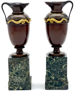 Pair  of Roman Grand Tour Bronze & Ormolu Snake Serpent Motif Vases/ Ewers/Urns