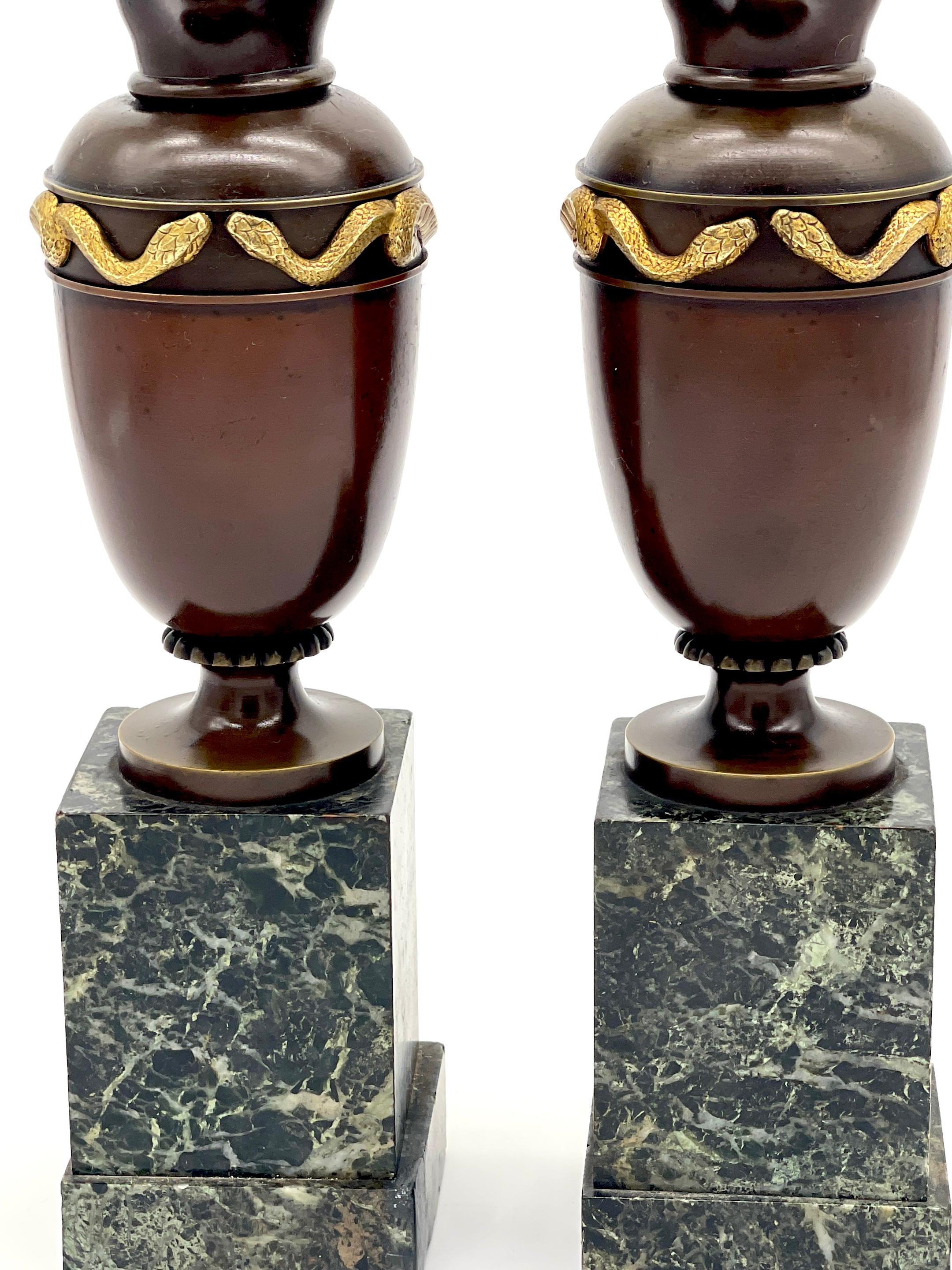 Pair  of Roman Grand Tour Bronze & Ormolu Serpent Motif Vases/ Ewers/Urns  In Good Condition For Sale In West Palm Beach, FL