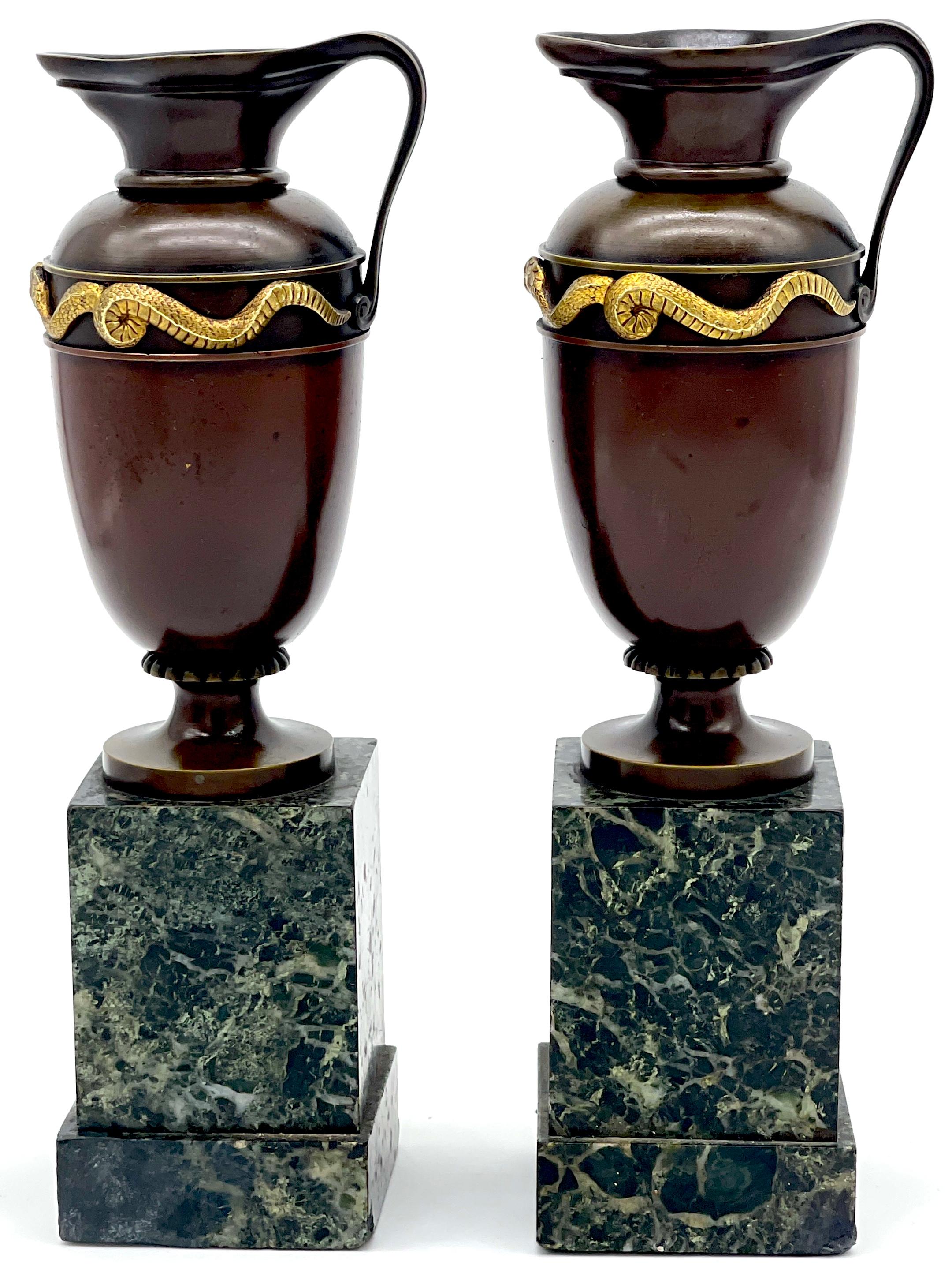 Marble Pair  of Roman Grand Tour Bronze & Ormolu Serpent Motif Vases/ Ewers/Urns  For Sale