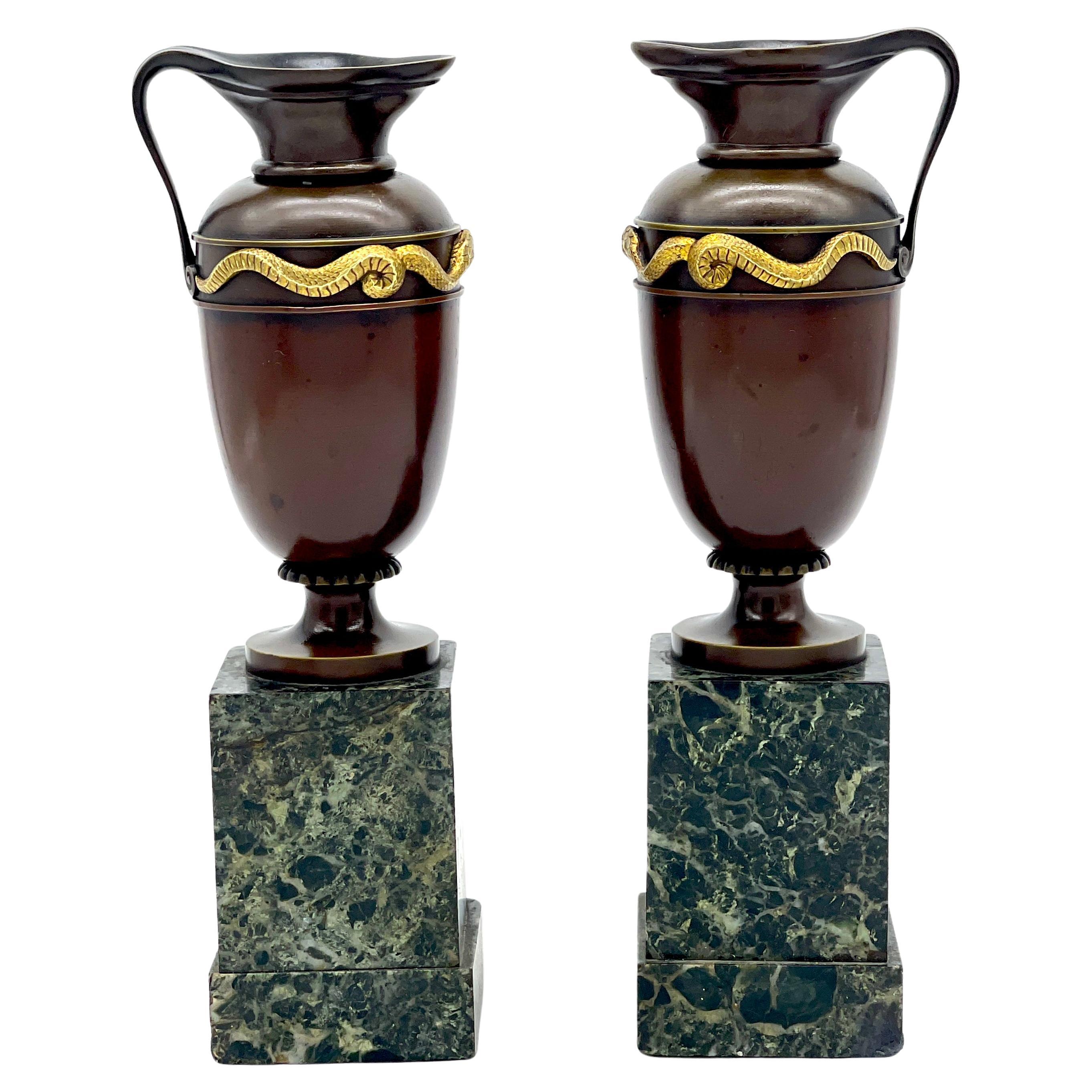 Paire  Vases/aiguières/urnes Roman Grand Tour à motif serpent en bronze et bronze doré  en vente