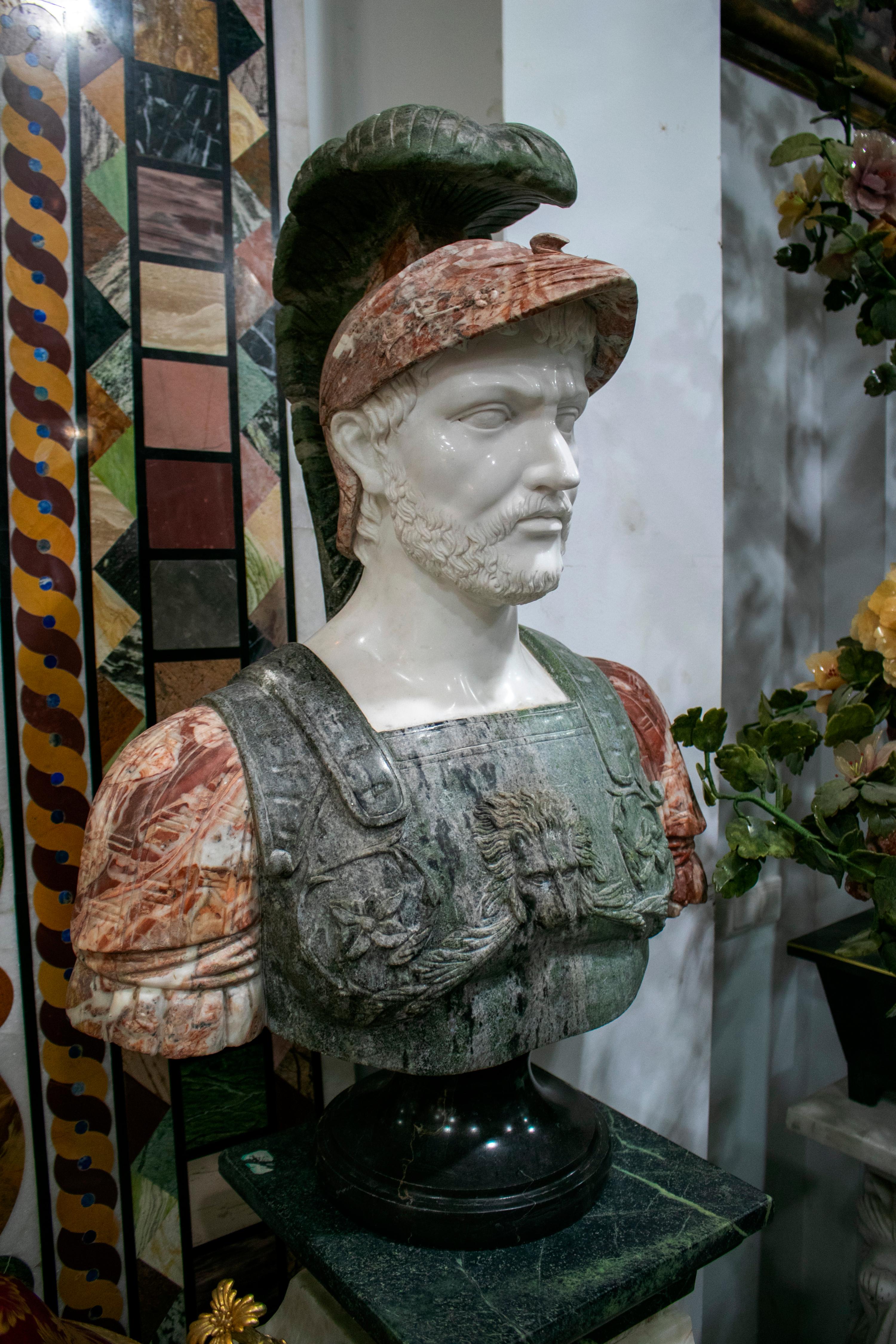 Pair of Roman Hand Carved Busts Using Different Marbles 7