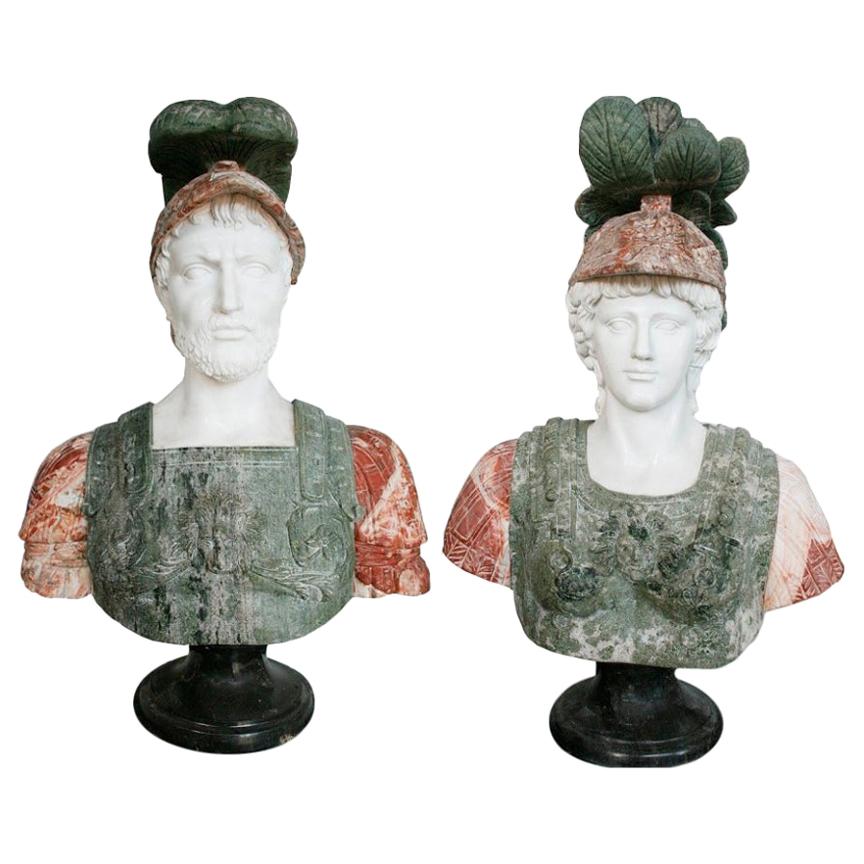 Pair of Roman Hand Carved Busts Using Different Marbles