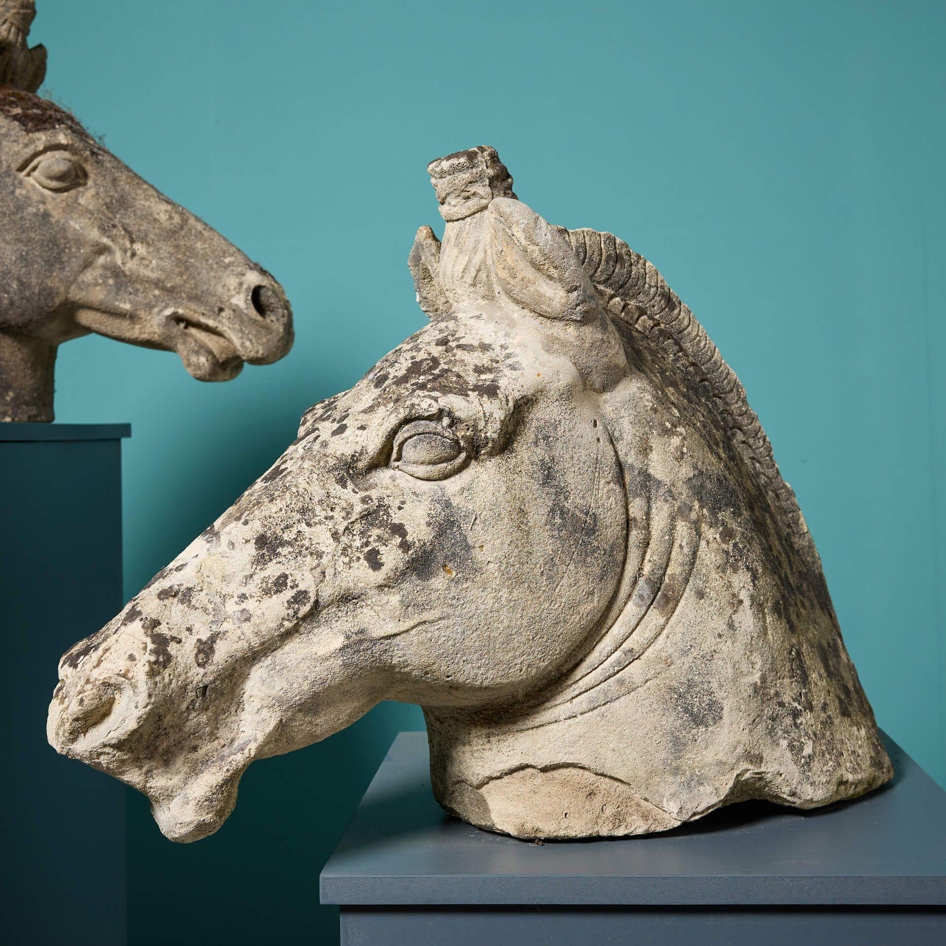 English Pair of Roman Style Weathered Stone Horse Heads For Sale