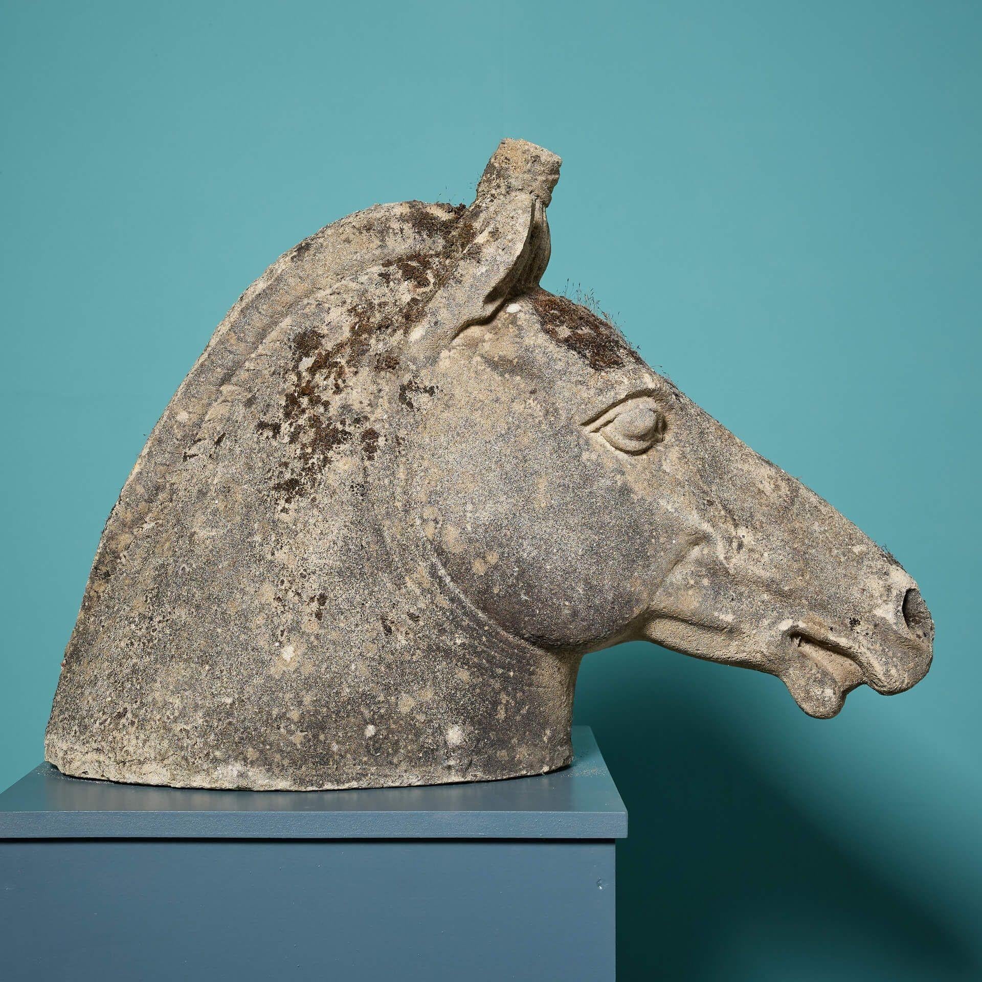 20th Century Pair of Roman Style Weathered Stone Horse Heads For Sale