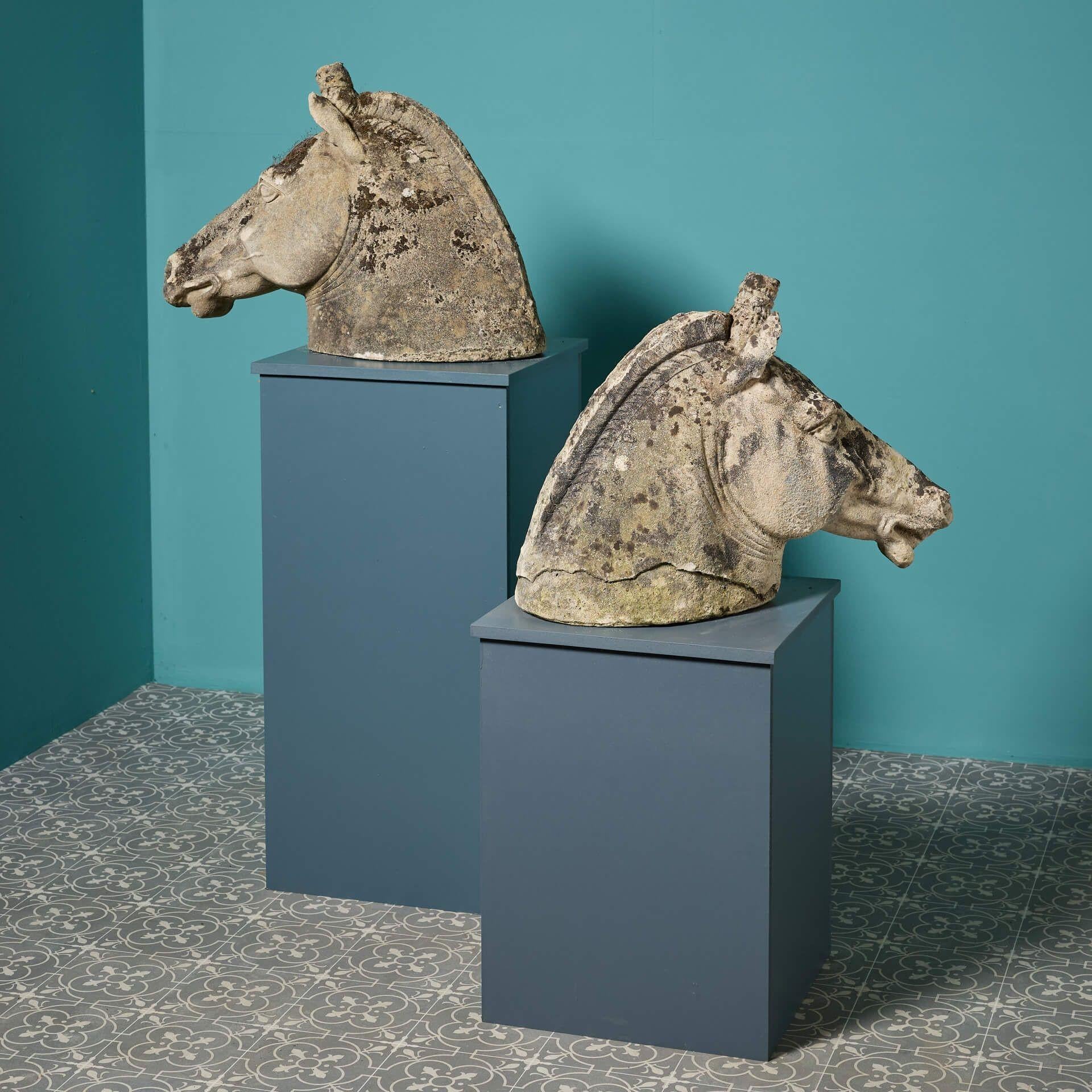Sandstone Pair of Roman Style Weathered Stone Horse Heads For Sale