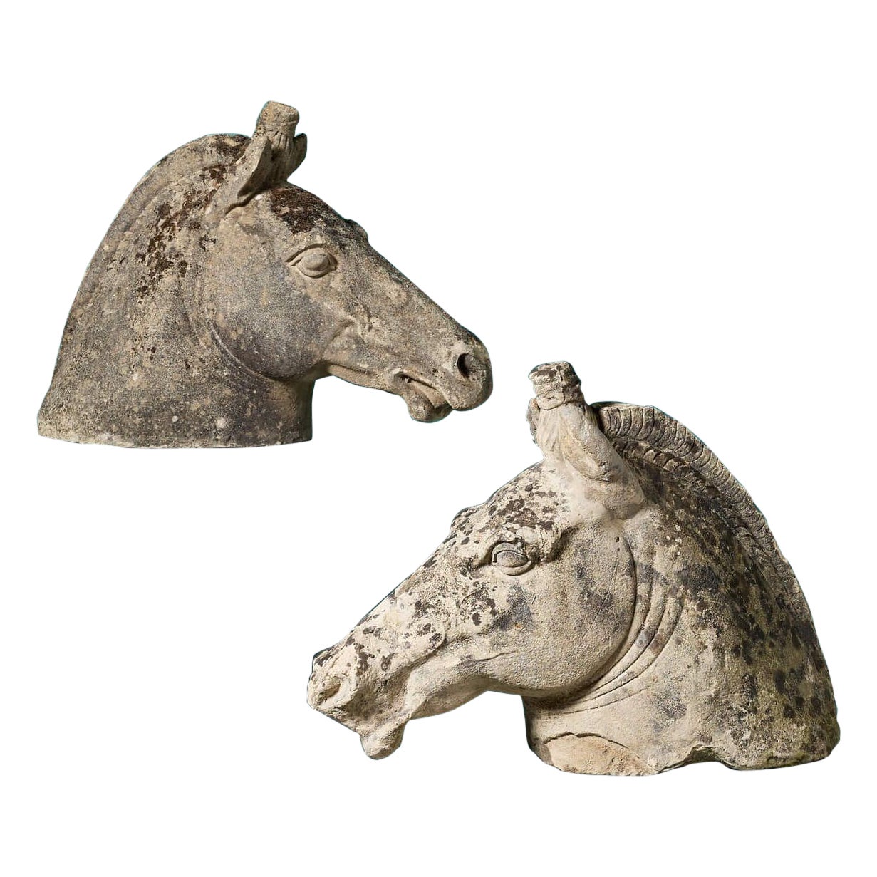 Pair of Roman Style Weathered Stone Horse Heads For Sale