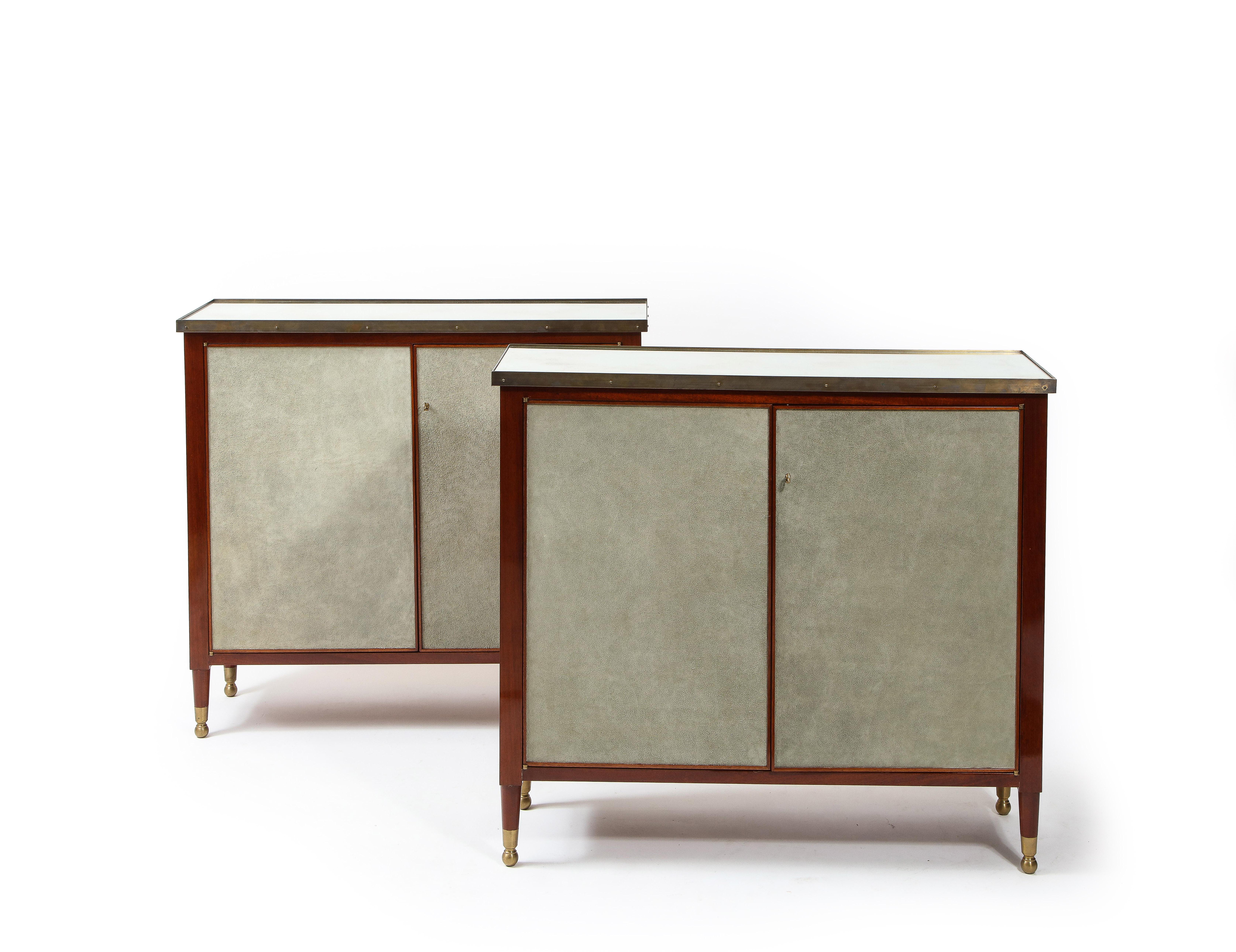 Pair of Roman Thomas Neoclassical Cabinets in Wood, Suede and Brass 3