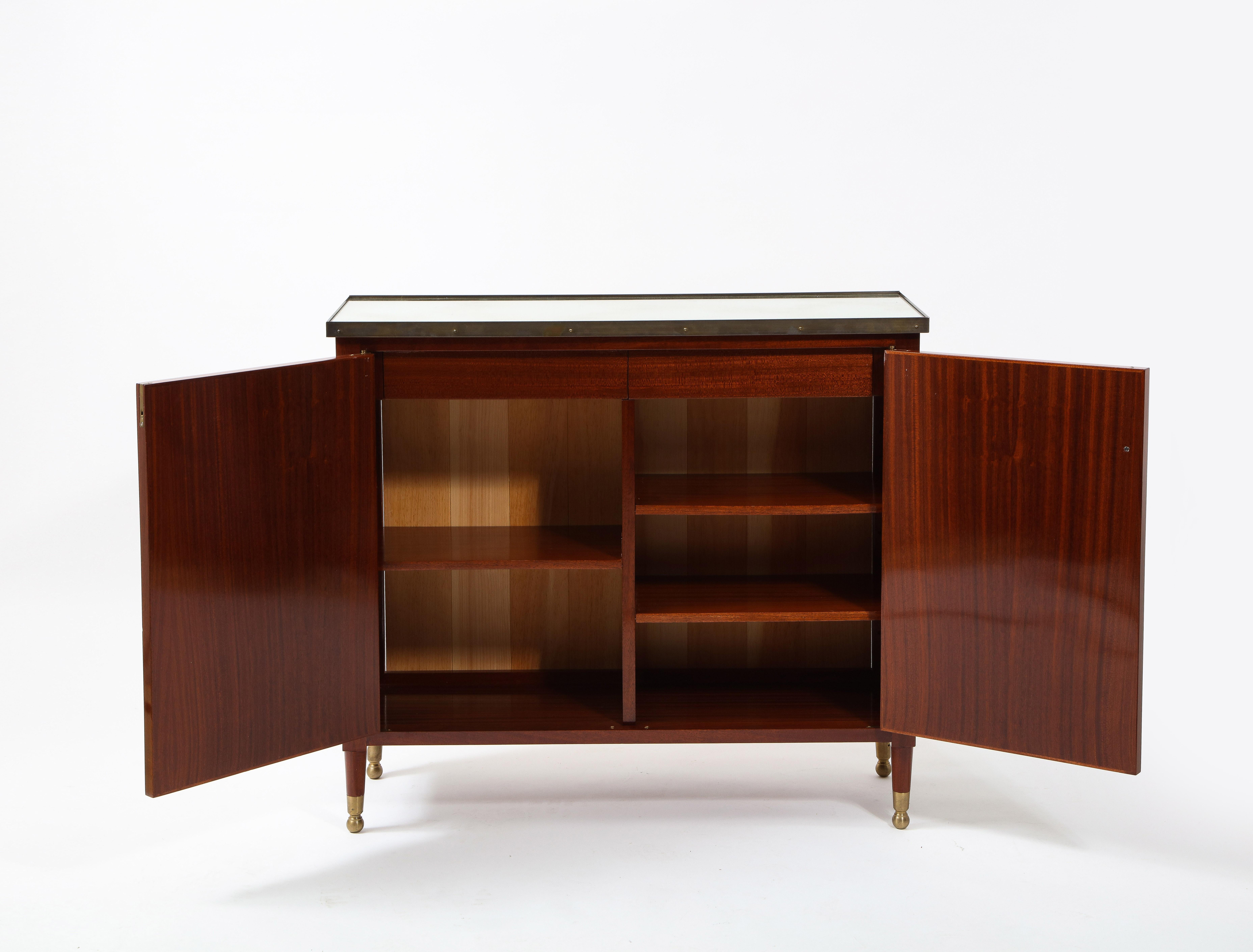 American Pair of Roman Thomas Neoclassical Cabinets in Wood, Suede and Brass