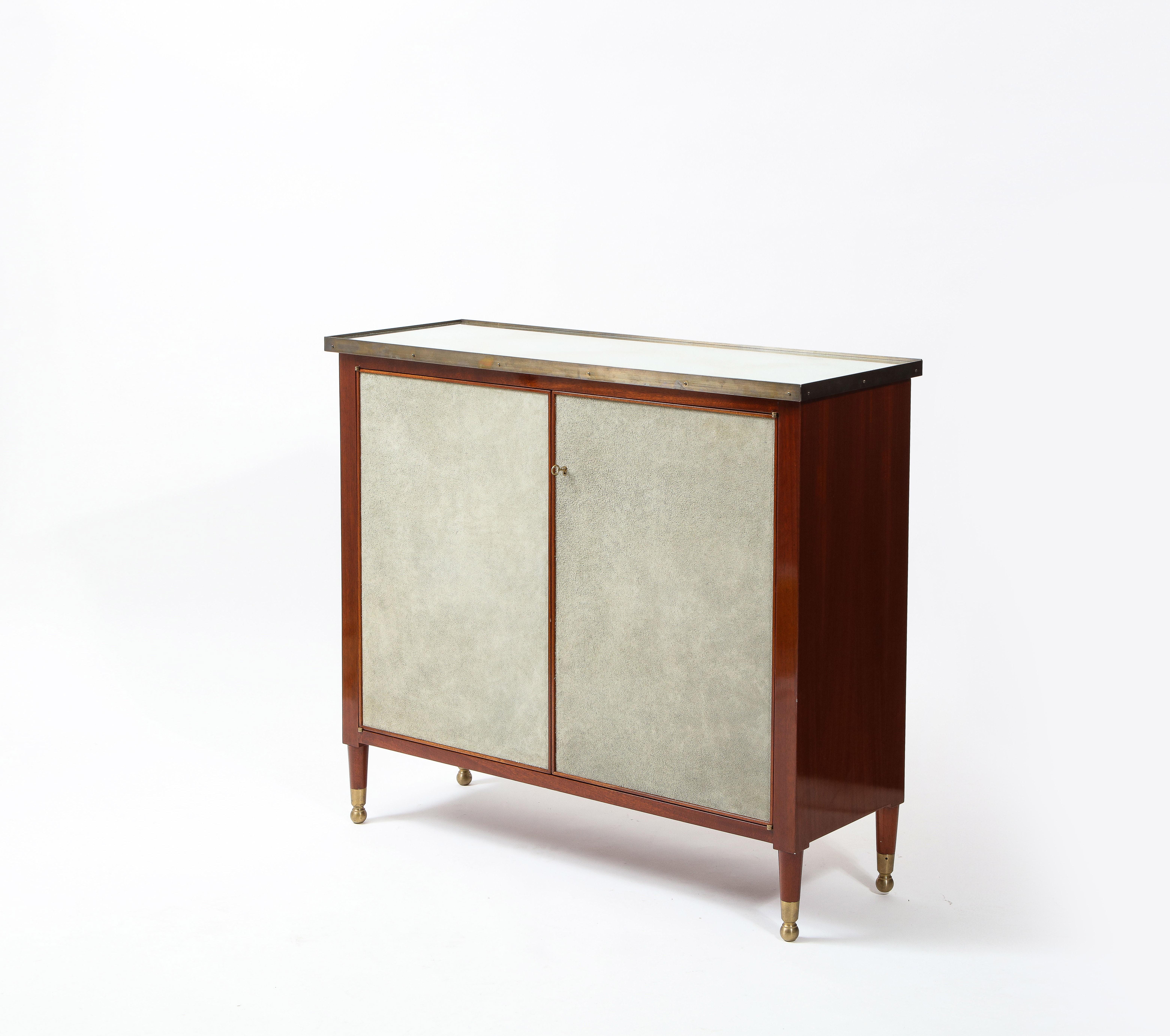 Pair of Roman Thomas Neoclassical Cabinets in Wood, Suede and Brass In Good Condition In New York, NY