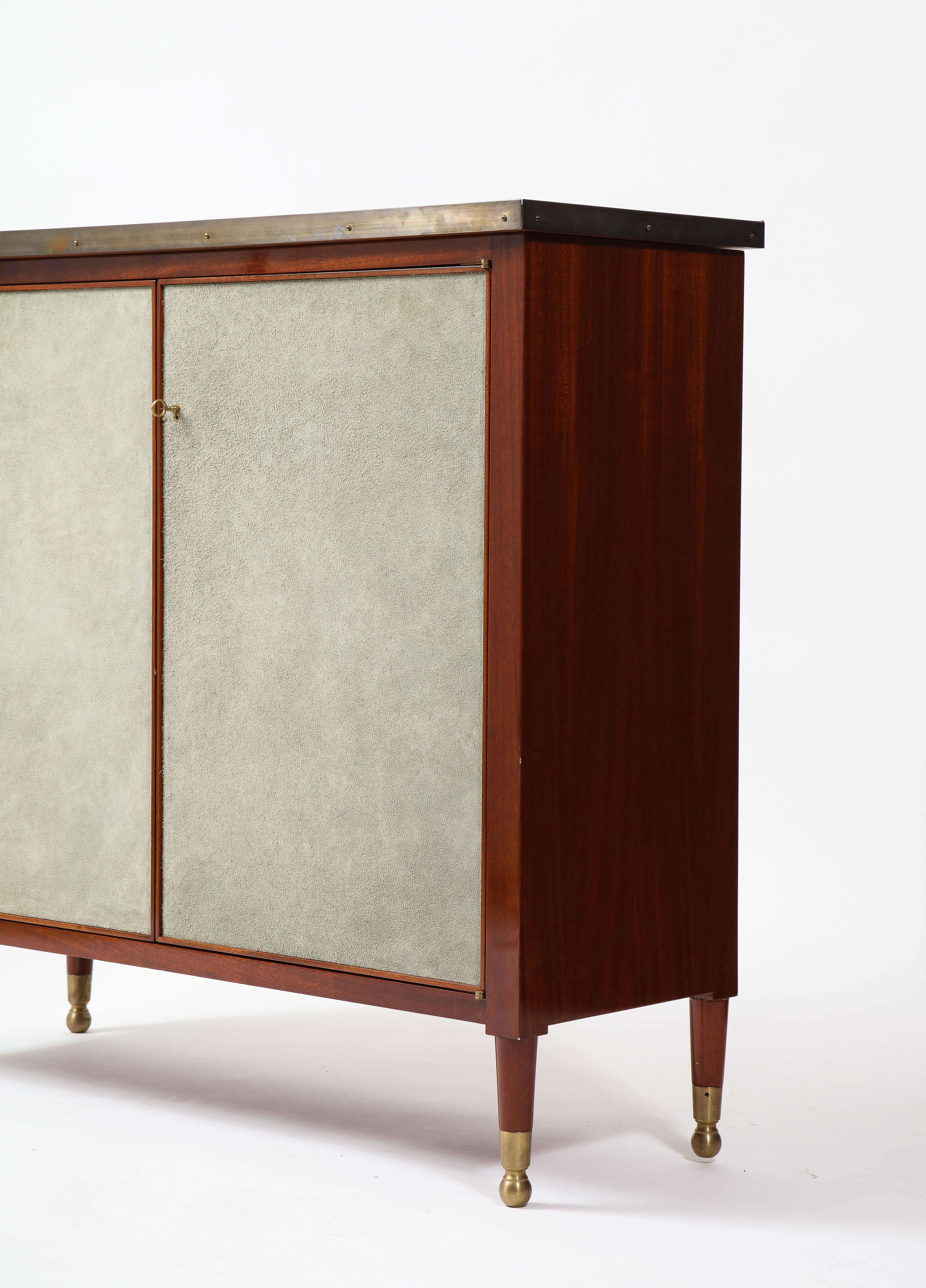 Contemporary Pair of Roman Thomas Neoclassical Cabinets in Wood, Suede and Brass