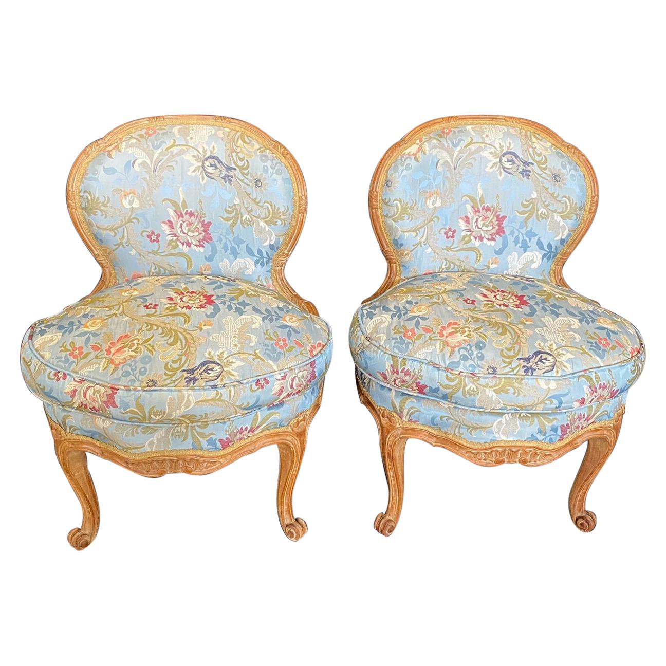 Pair of Romantic 19th Century French Carved Walnut Slipper Chairs