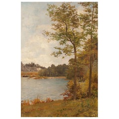 Pair of Romantic Paintings "Lakeside Landscapes", Oil on Canvas, 19th Century