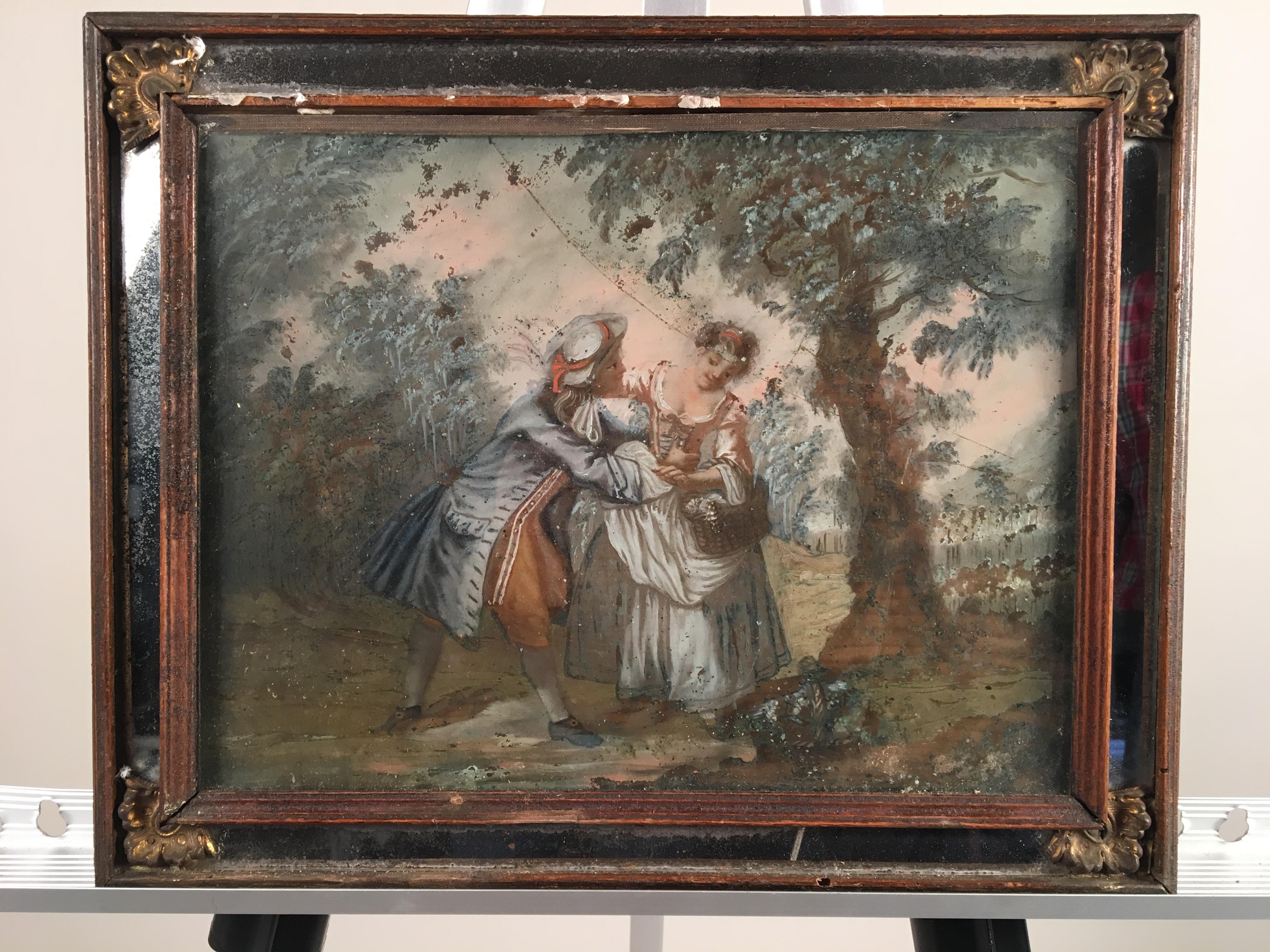 A pair of French reverse paintings on glass of Romantic themes, each framed in mirrored frames, mid-19th century.