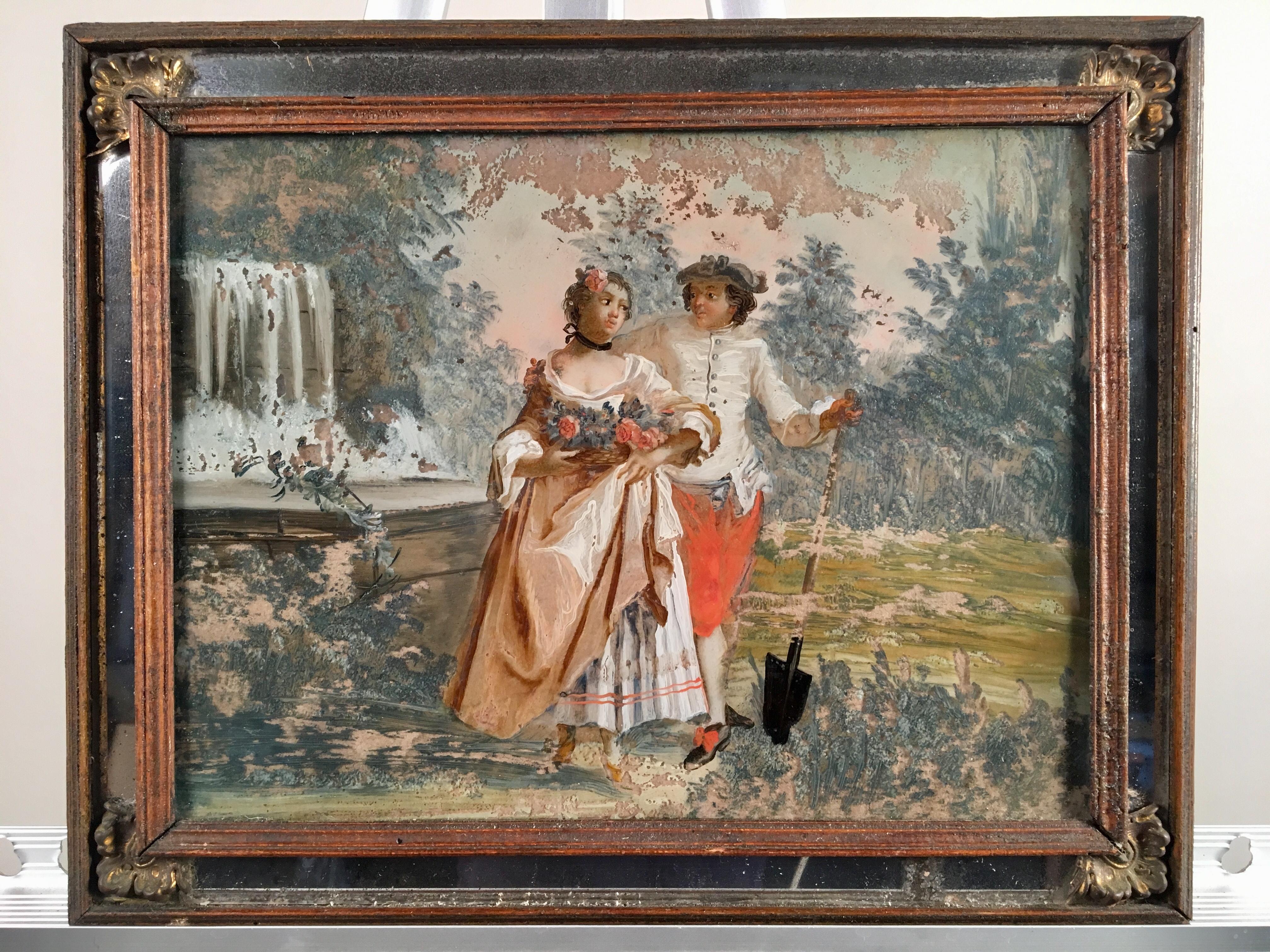 Painted Pair of Romantic Style Églomisé Paintings, 19th Century