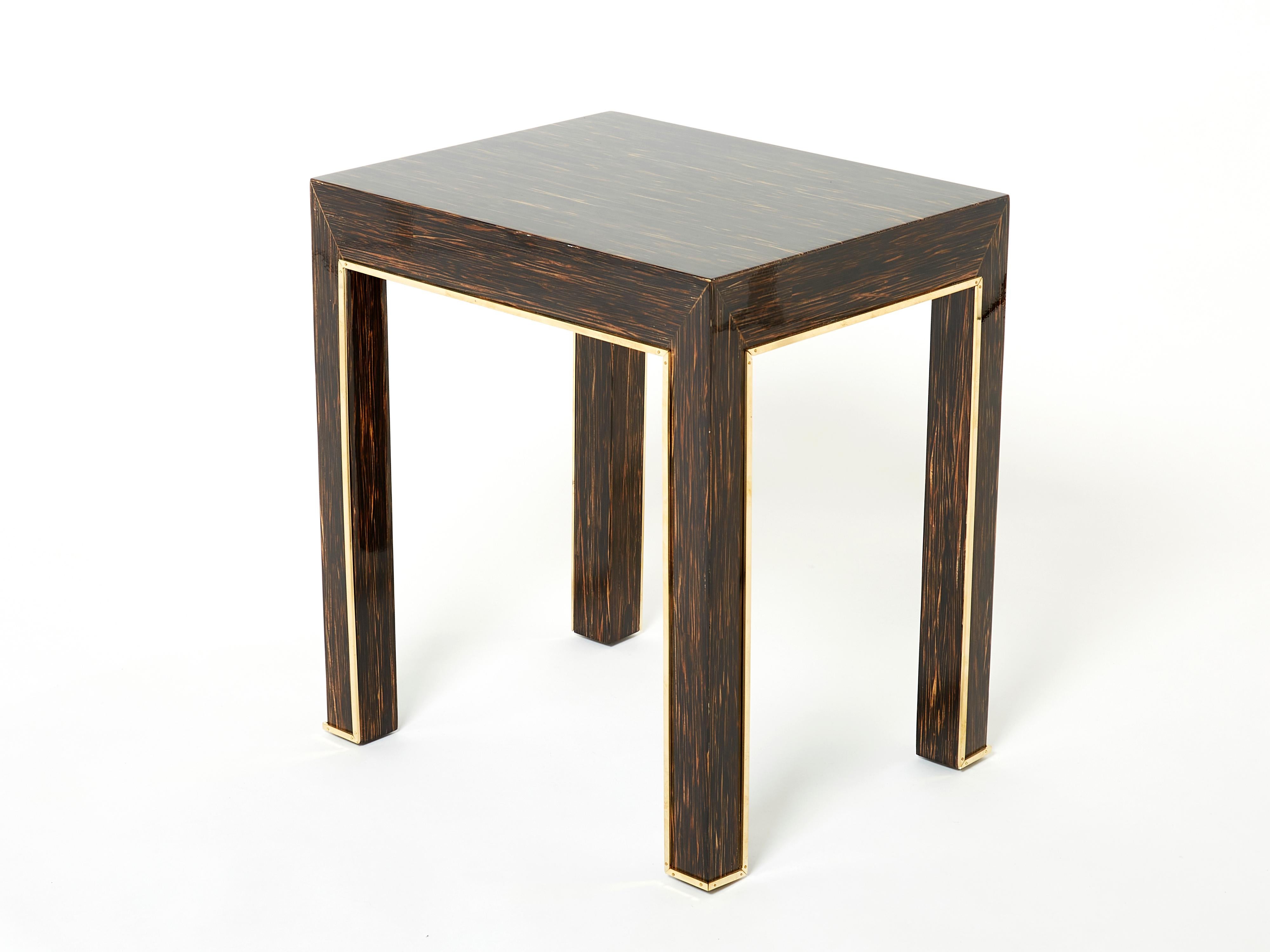 Pair of Romeo Paris Palm Wood and Brass End Tables 1970s For Sale 3