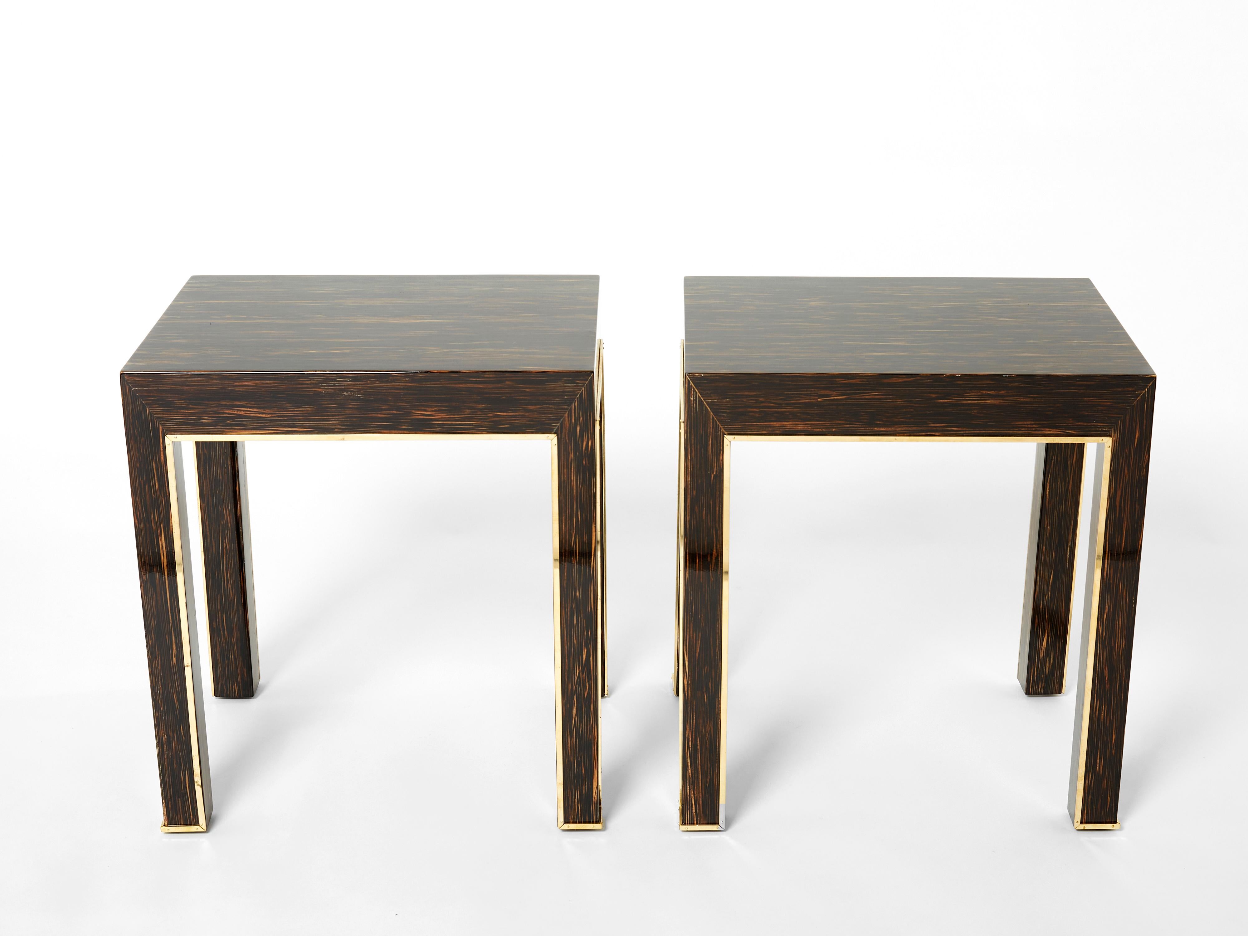 Mid-Century Modern Pair of Romeo Paris Palm Wood and Brass End Tables 1970s For Sale