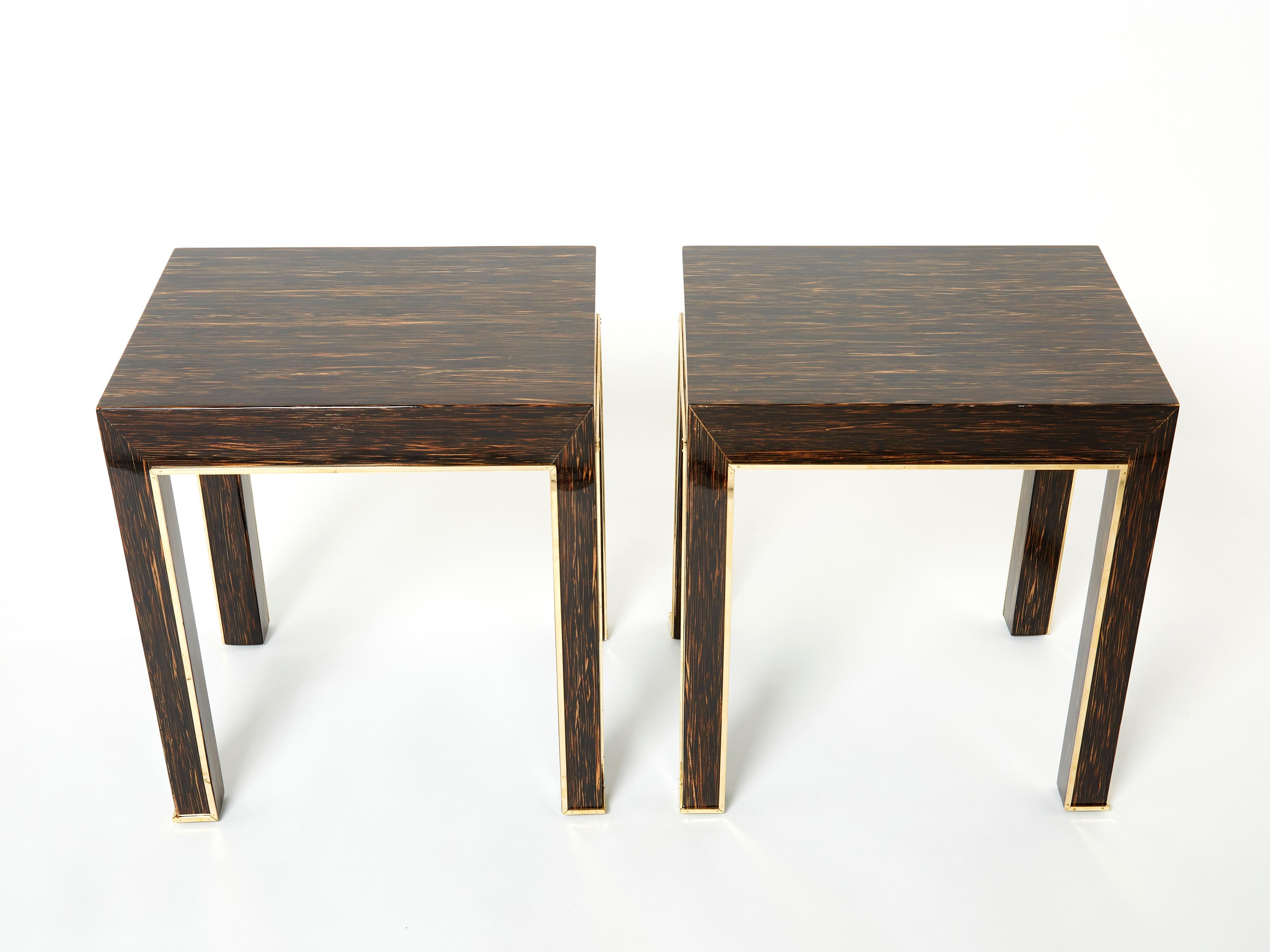French Pair of Romeo Paris Palm Wood and Brass End Tables 1970s For Sale