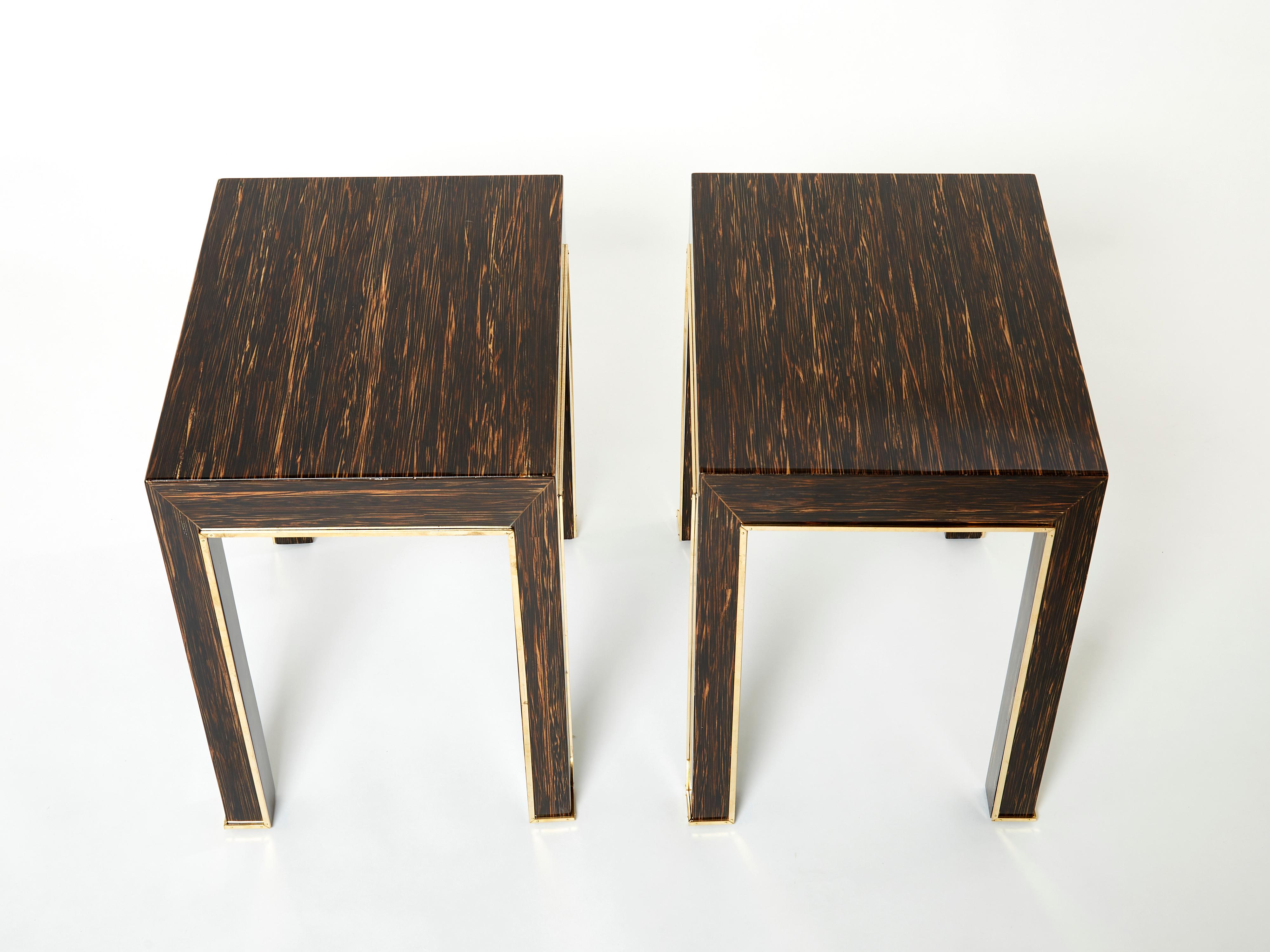 Late 20th Century Pair of Romeo Paris Palm Wood and Brass End Tables 1970s For Sale
