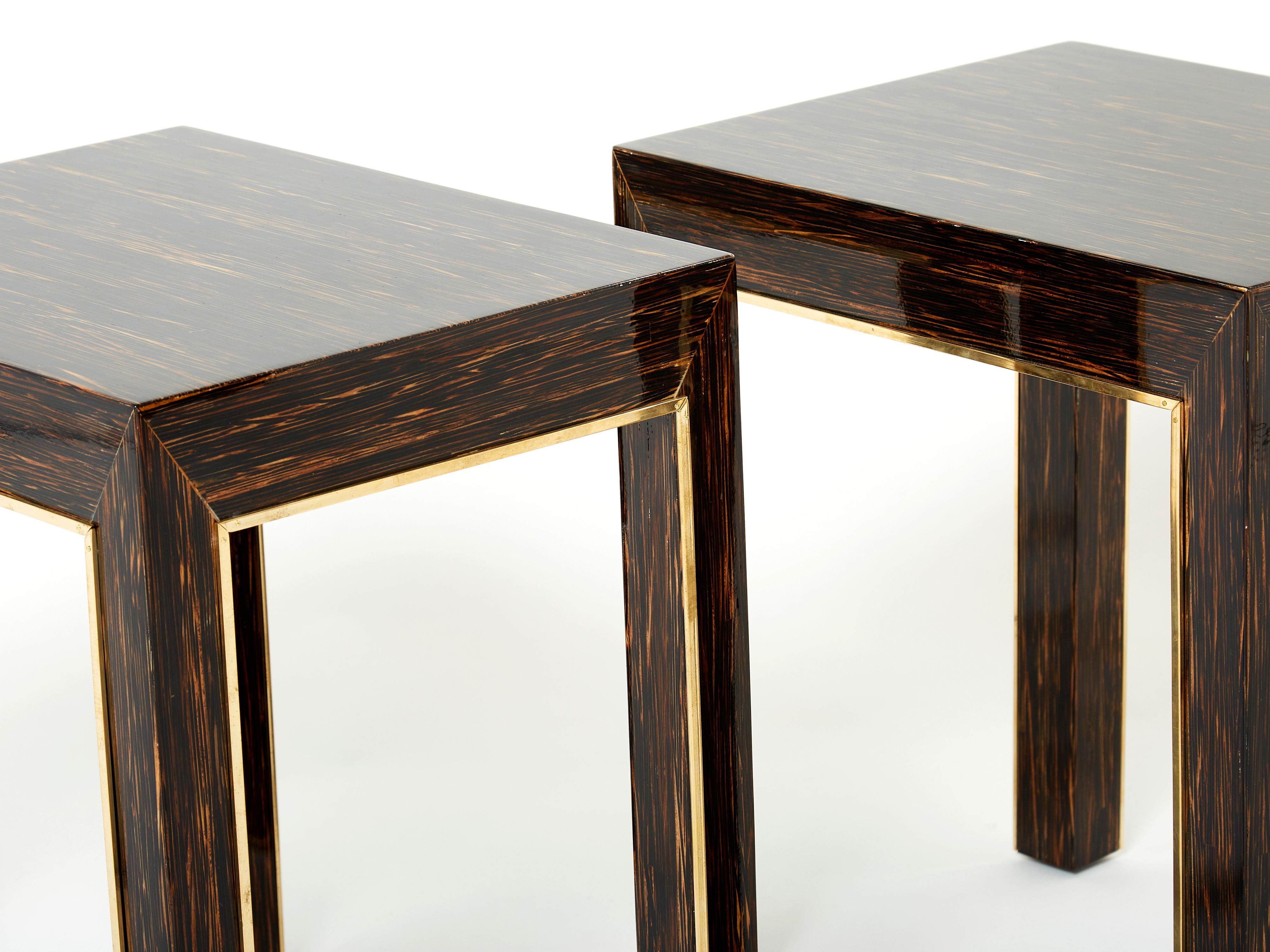 Palmwood Pair of Romeo Paris Palm Wood and Brass End Tables 1970s For Sale