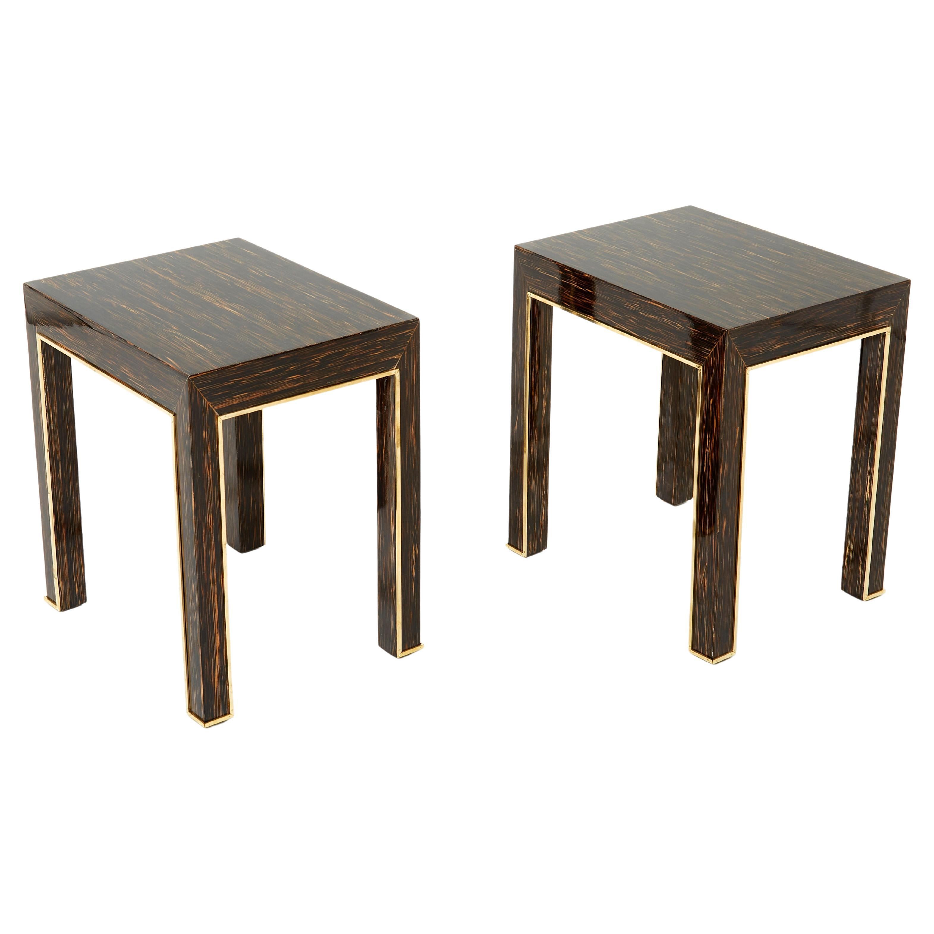 Pair of Romeo Paris Palm Wood and Brass End Tables 1970s For Sale