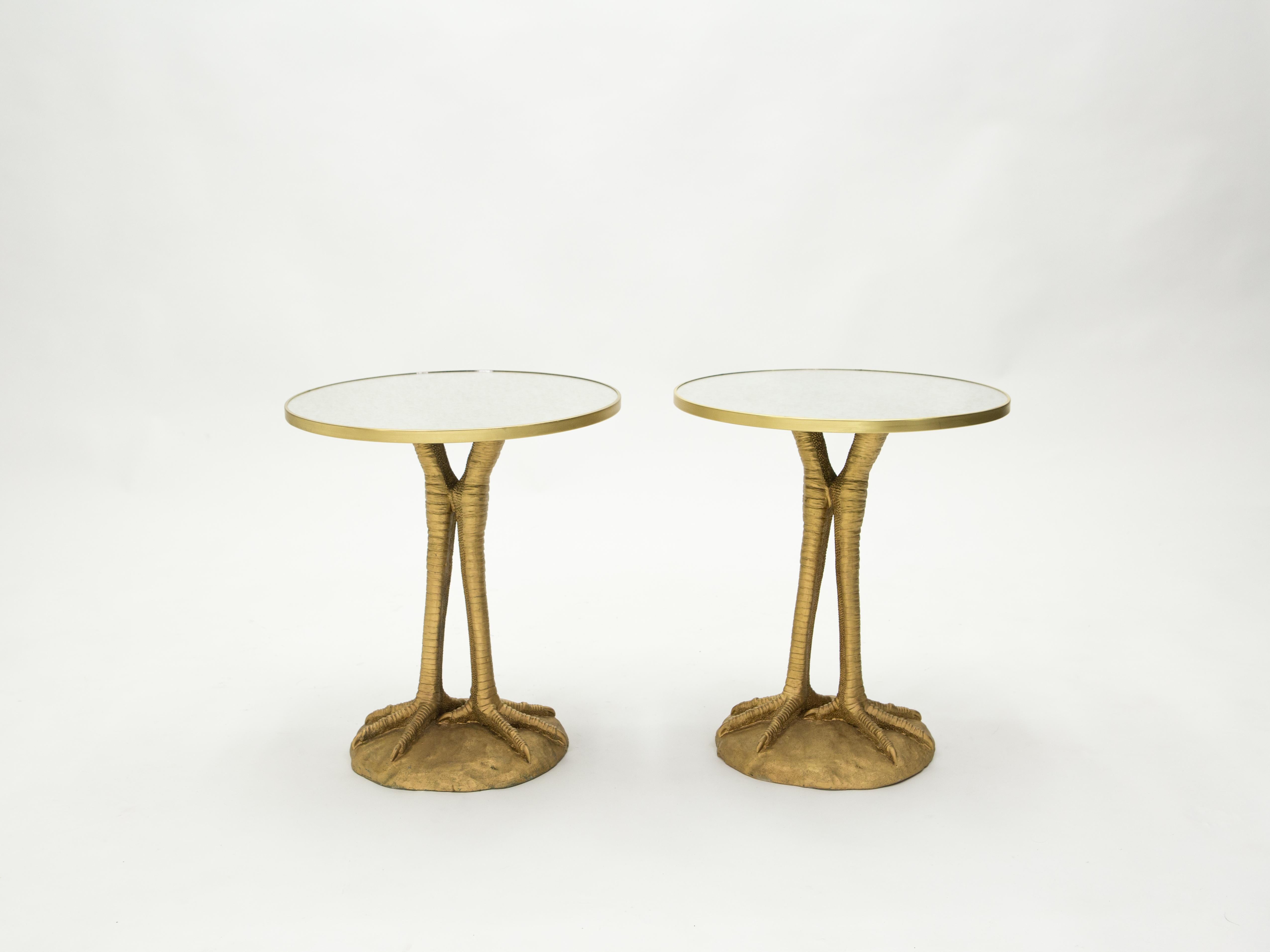 This pair of gueridon tables from the 1970’s is a beautiful example of French design firm Maison Romeo Paris. With its decorative resin ostrich leg feet look, it feels inspired by Duval-Brasseur design, using the zoomorphic design approach. The