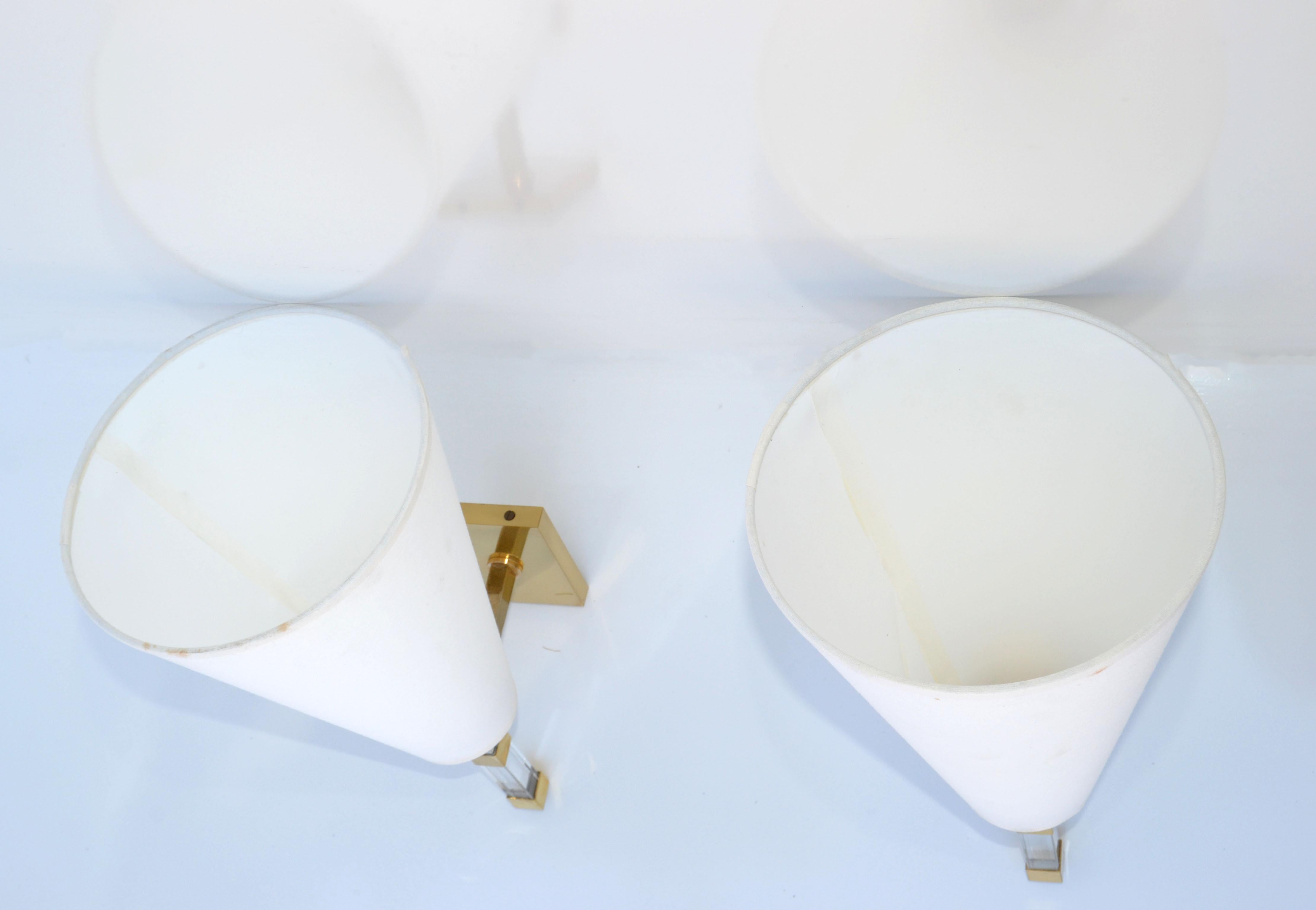 Pair of Romeo Rega Lucite & Brass Sconces French Mid-Century Modern Cone Shades For Sale 4