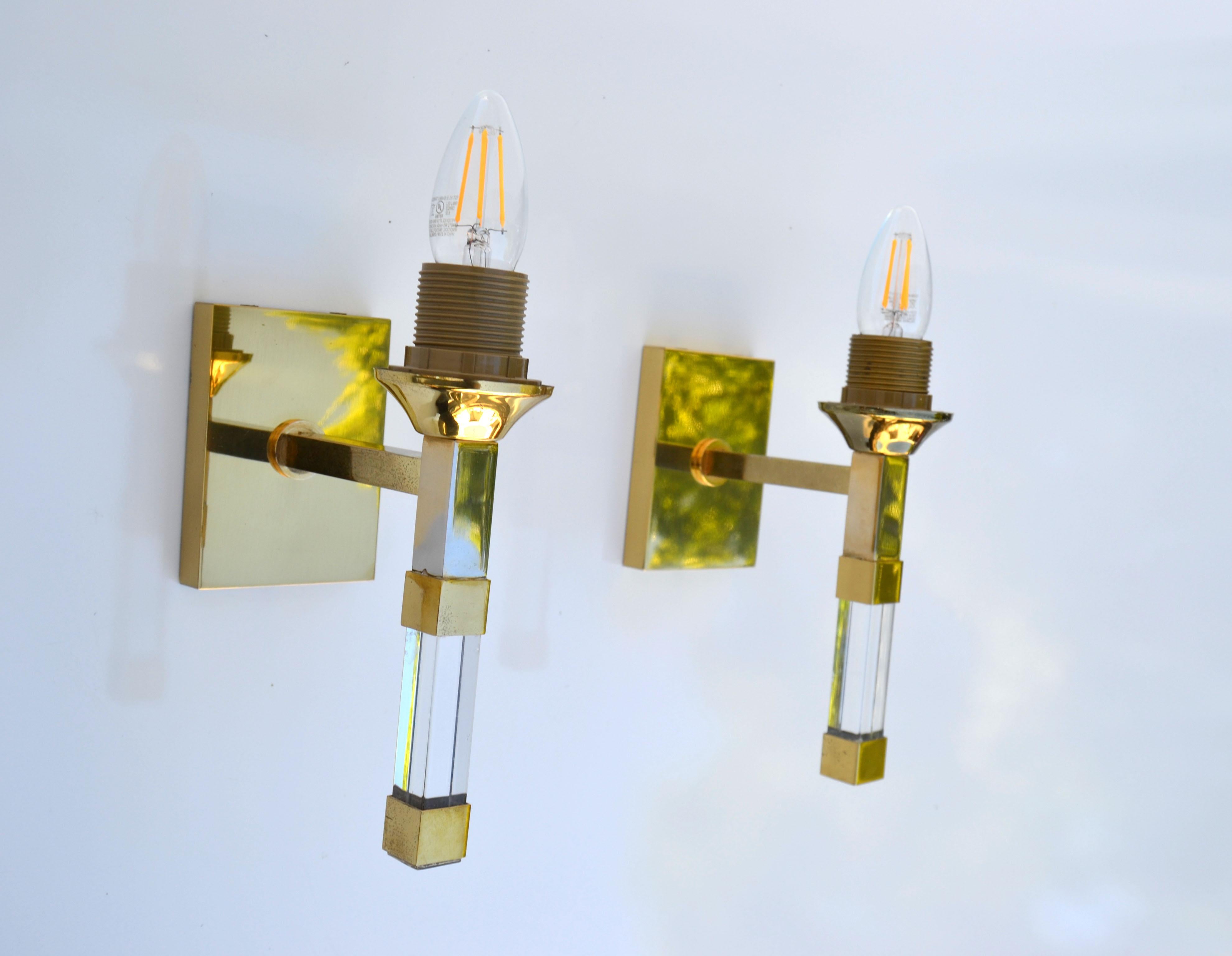 Pair of Romeo Rega Lucite & Brass Sconces French Mid-Century Modern Cone Shades For Sale 6