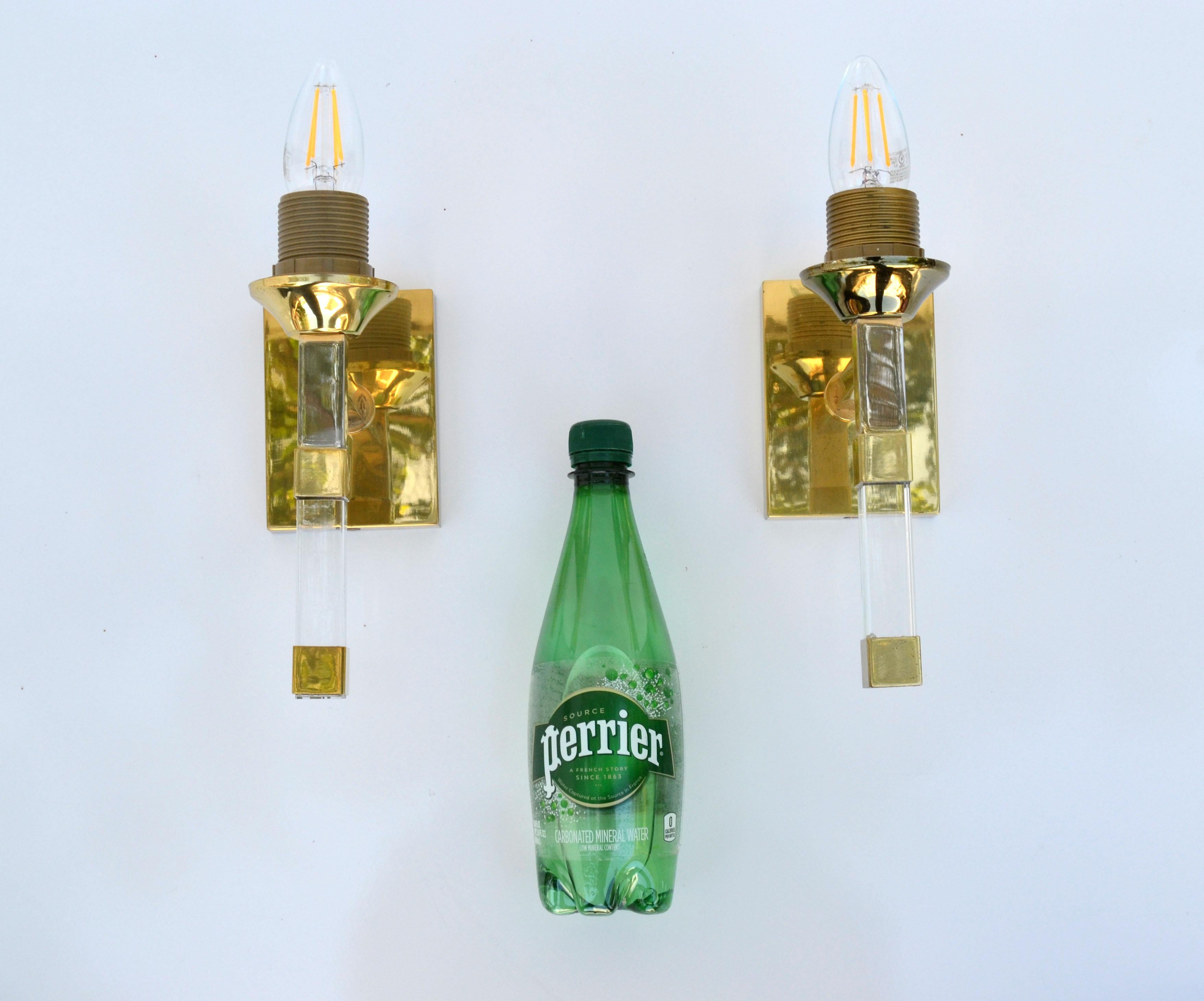 Pair of Romeo Rega Lucite & Brass Sconces French Mid-Century Modern Cone Shades For Sale 8