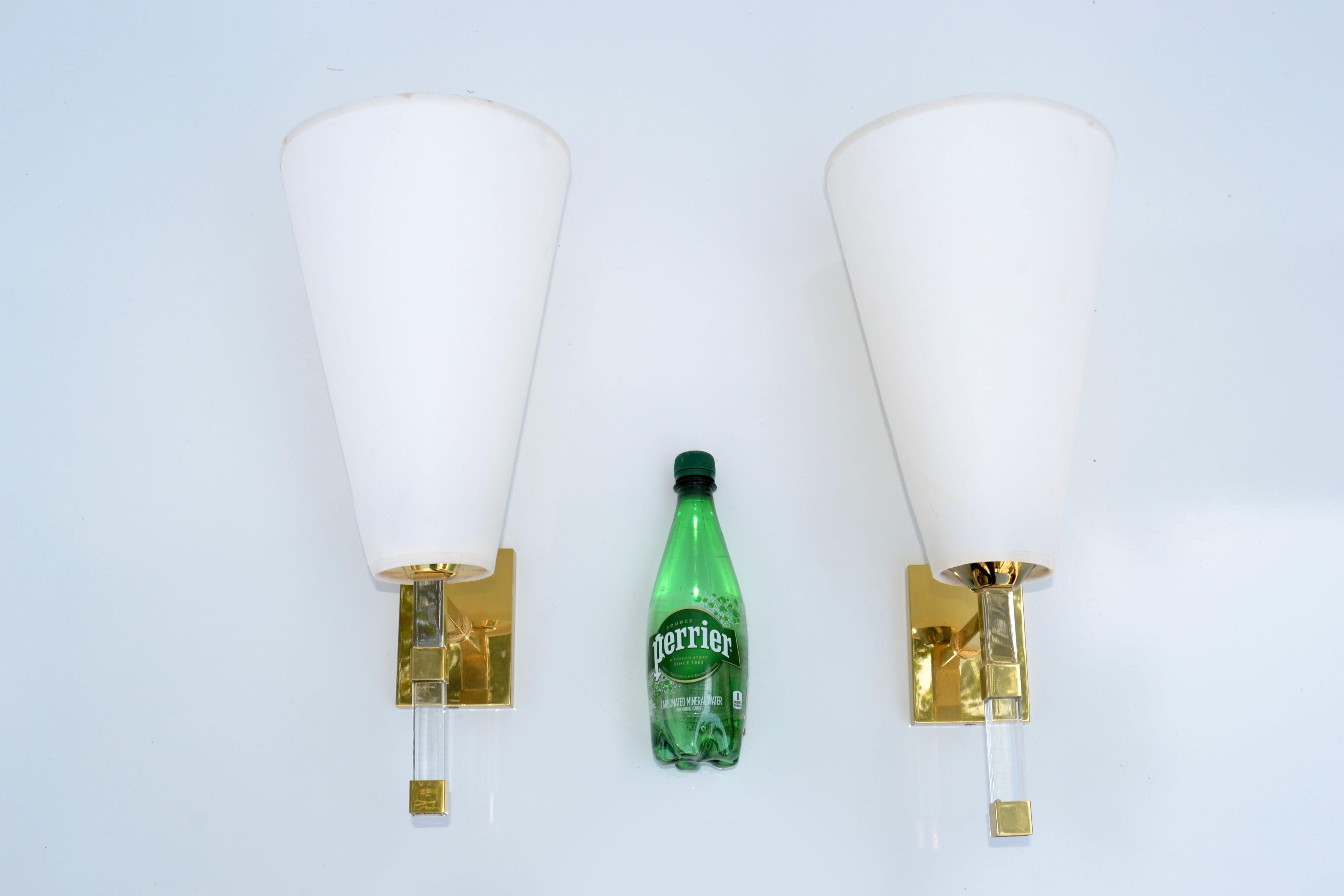 Pair of Romeo Rega Lucite & Brass Sconces French Mid-Century Modern Cone Shades For Sale 10