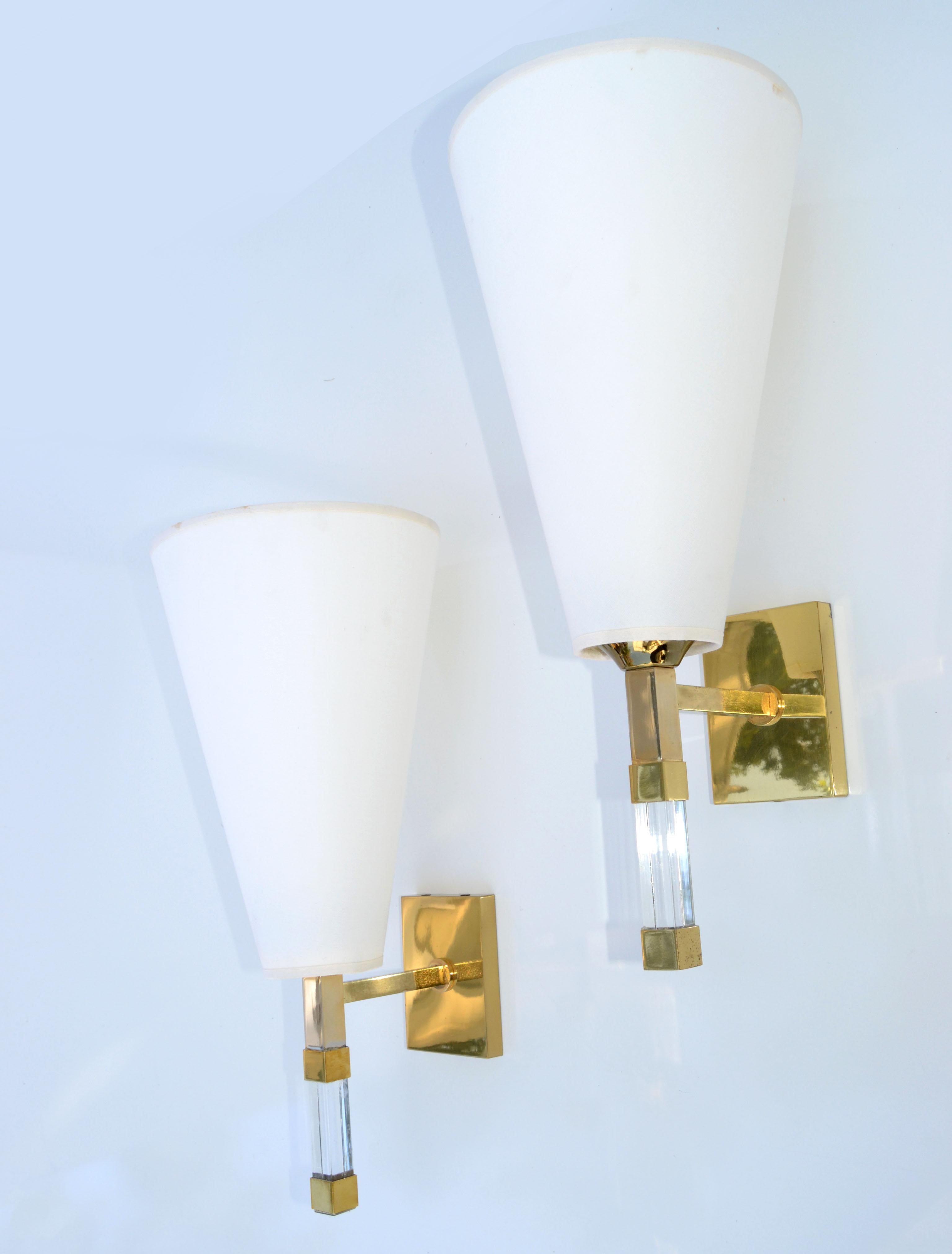 Italian Pair of Romeo Rega Lucite & Brass Sconces French Mid-Century Modern Cone Shades For Sale