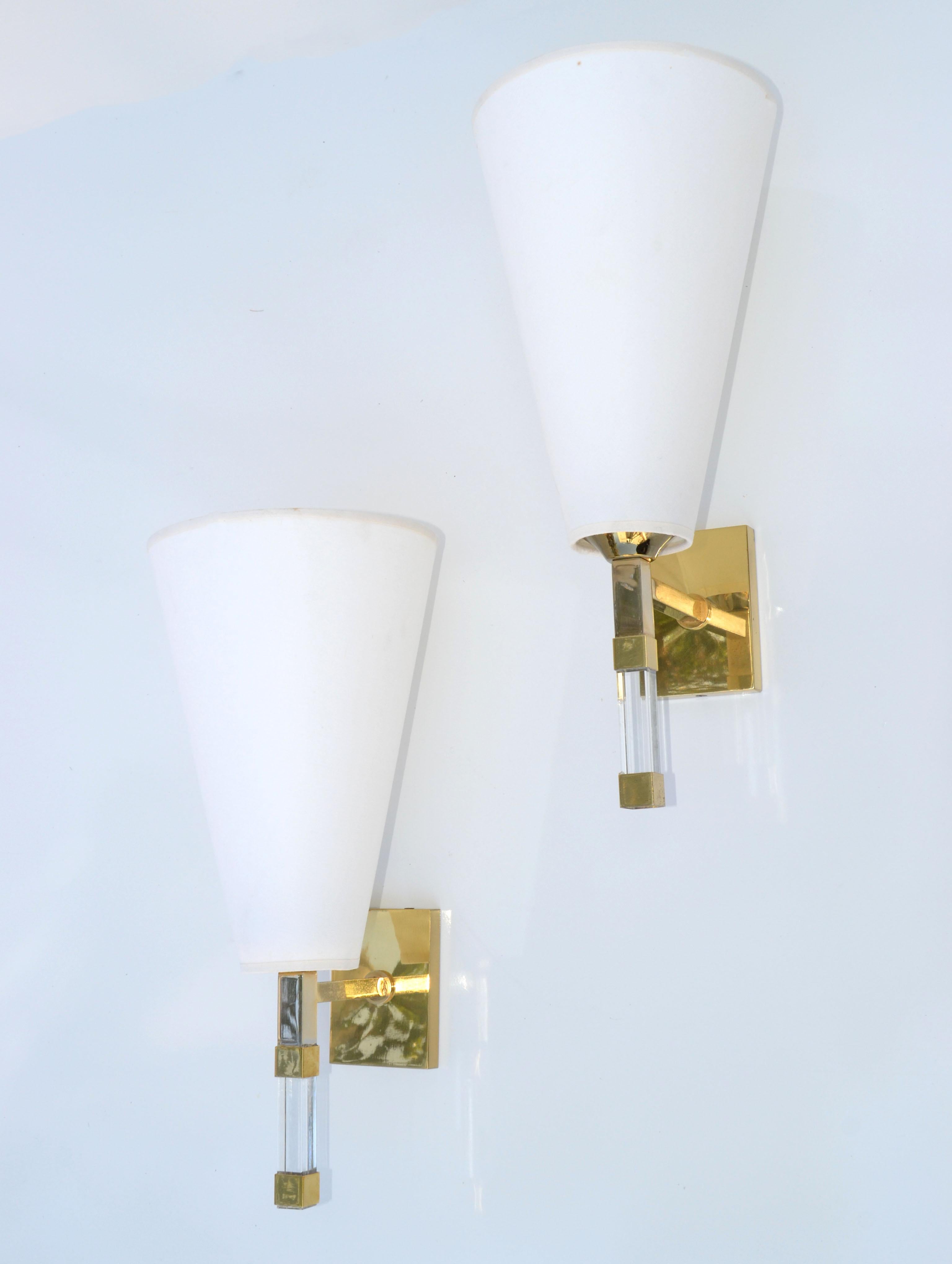 Mid-20th Century Pair of Romeo Rega Lucite & Brass Sconces French Mid-Century Modern Cone Shades For Sale