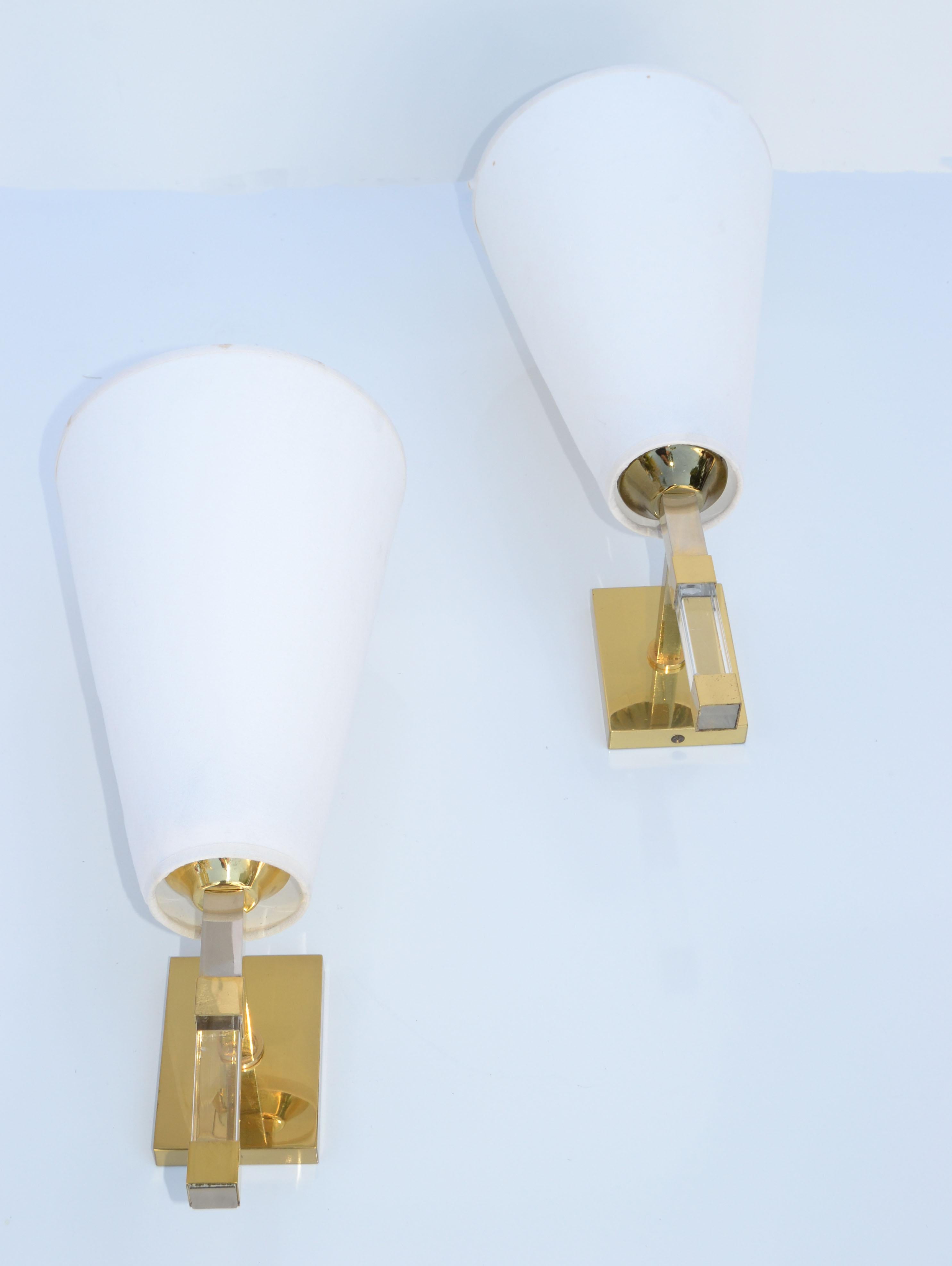 Pair of Romeo Rega Lucite & Brass Sconces French Mid-Century Modern Cone Shades For Sale 2