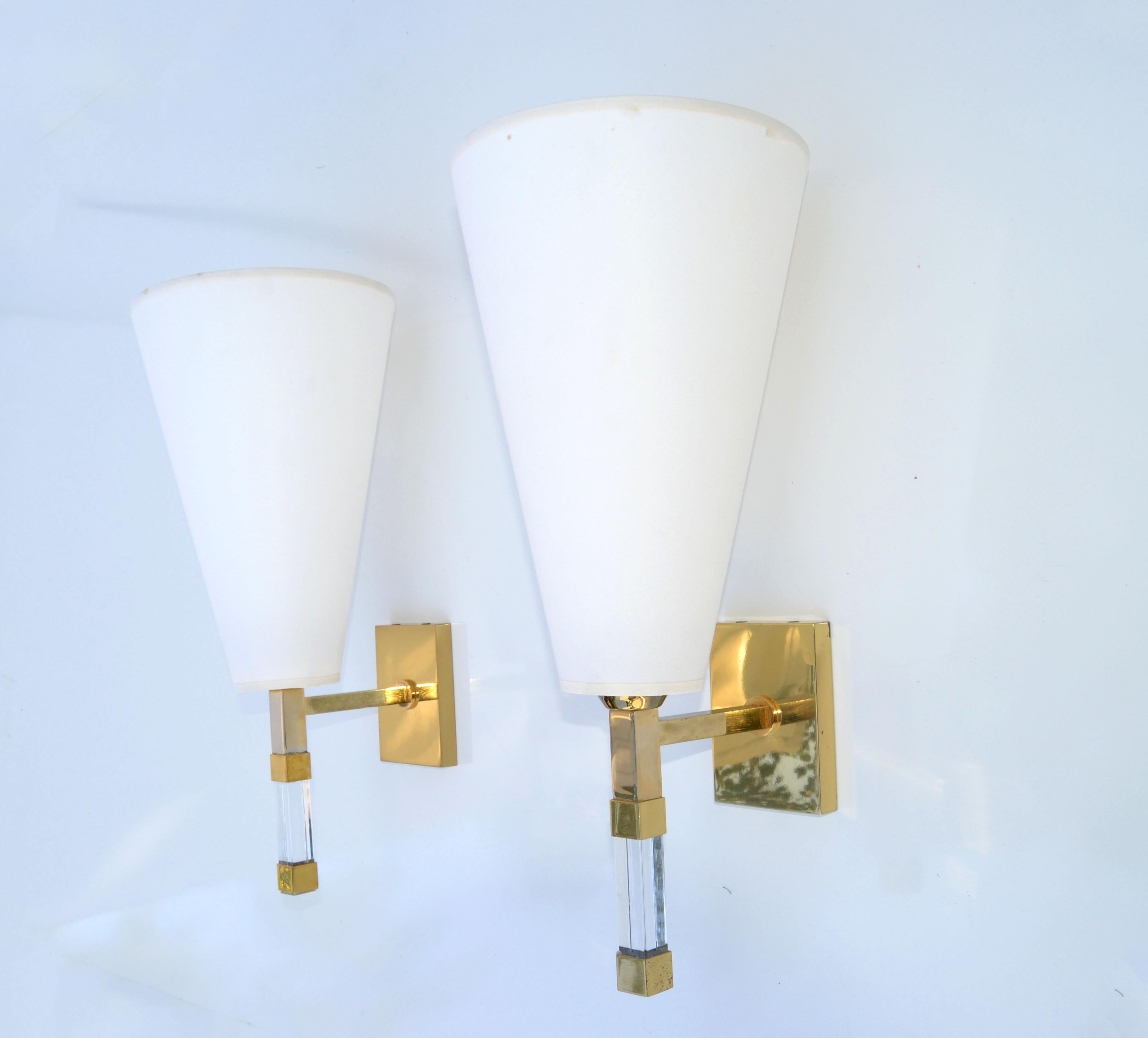 Pair of Romeo Rega Lucite & Brass Sconces French Mid-Century Modern Cone Shades For Sale 3