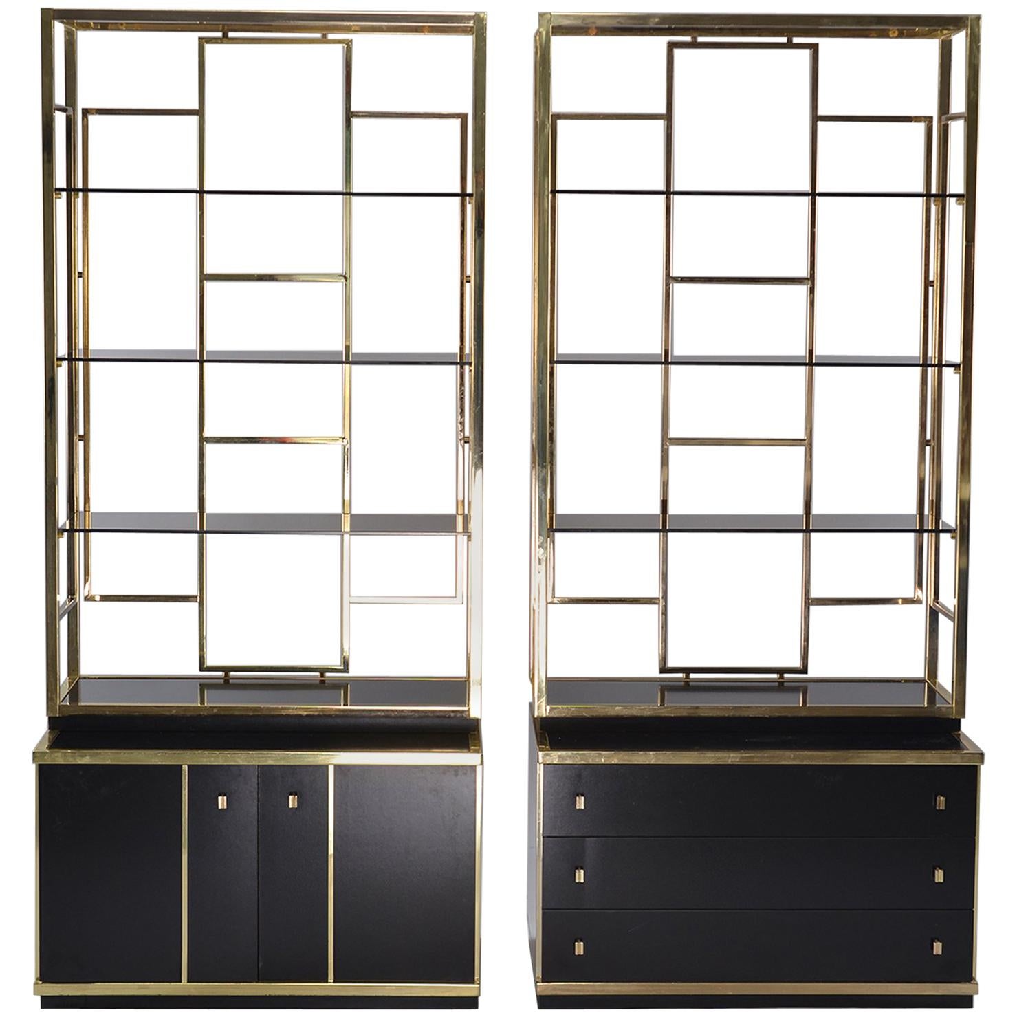 Pair of Romeo Rega Style Brass and Black Enamel Shelf Cabinets