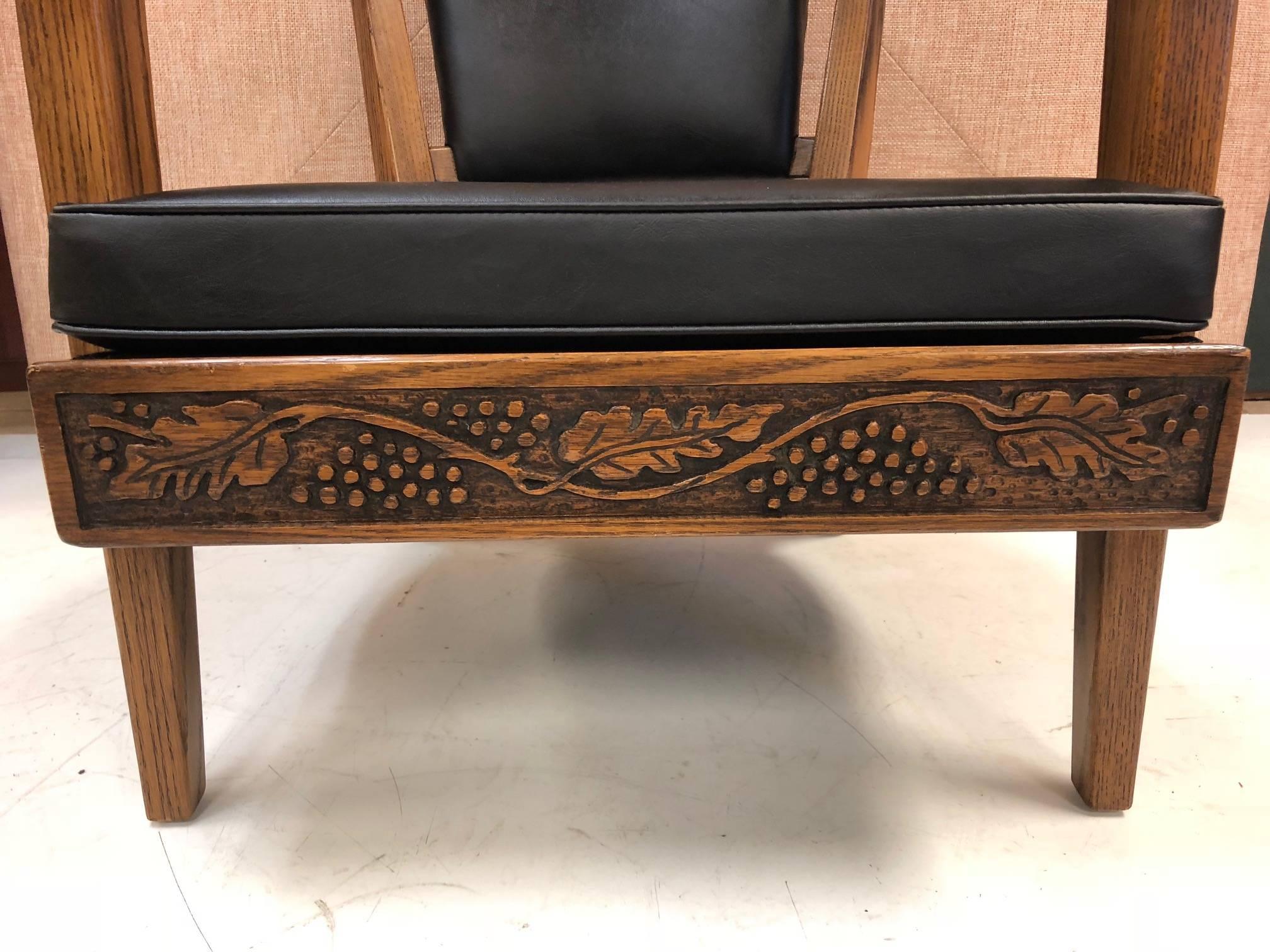 Pair of Romweber Carved Oak Lounge Chairs In Good Condition For Sale In New York, NY