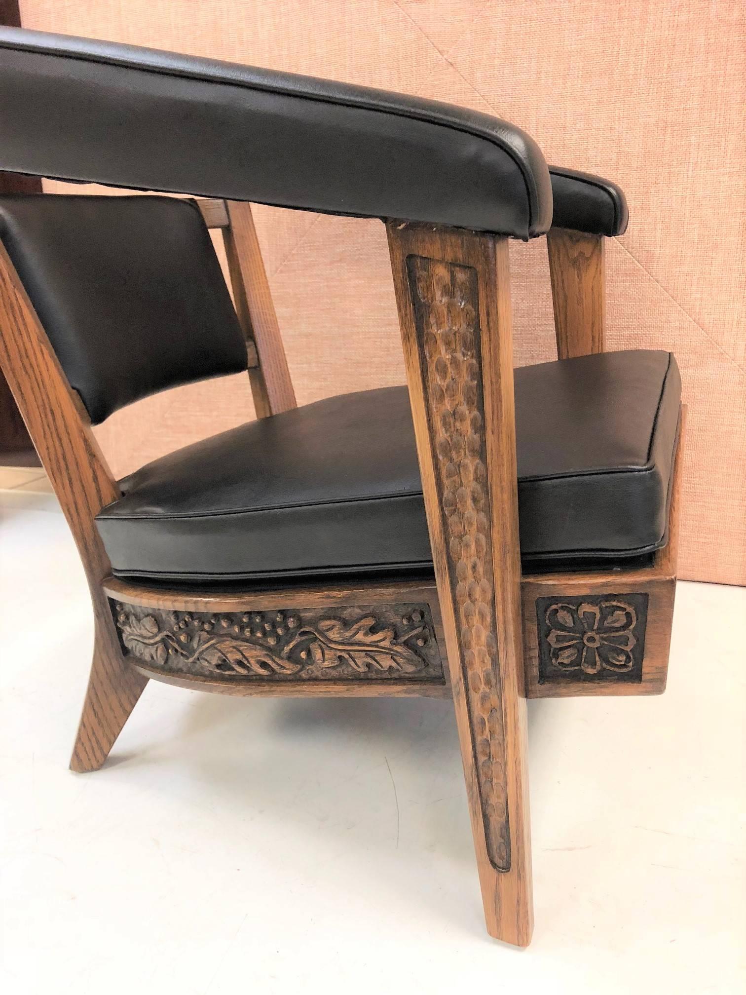 Pair of Romweber Carved Oak Lounge Chairs For Sale 1